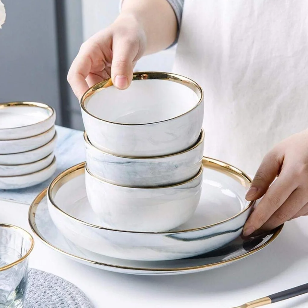 Ceramiczna zastawa stołowa, 26 sztuk Phnom Penh Szary marmur Ceramika Zestaw obiadowy Porcelanowa miska Danie Łyżka Zastawa stołowa Usługa łączona dla 6 osób