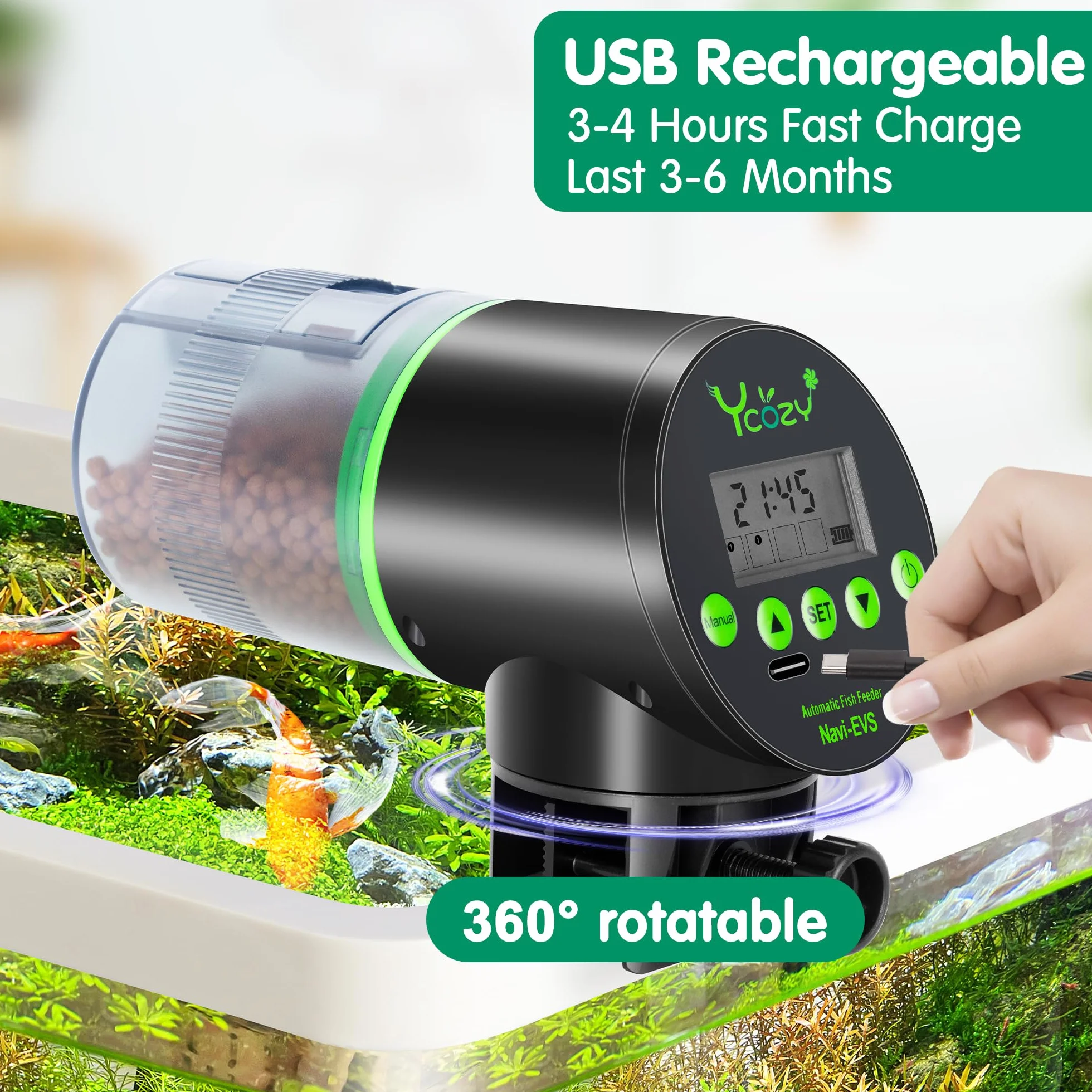 Ycozy Automatyczny Karmnik dla Ryb z Kablem USB Odporny na Wilgoć Dozownik Pokarmu do Akwarium