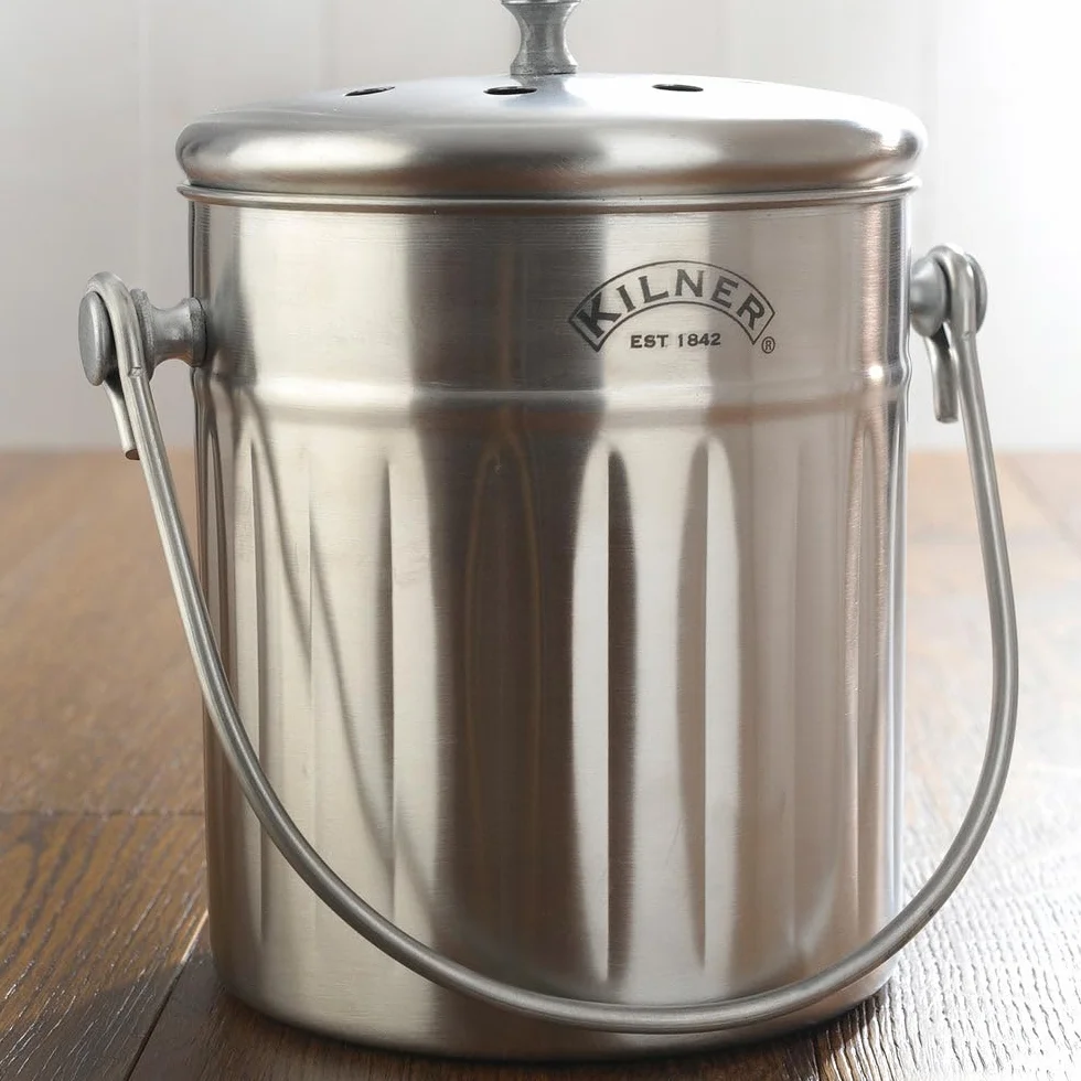 Kilner Kompostownik kuchenny ze stali nierdzewnej, 2 litry, kosz na odpady organiczne, 17,5 x 14,5 x 20 cm, pokrywka z otworami wentylacyjnymi i wbudowanym filtrem z węglem aktywnym, bezzapachowy, na