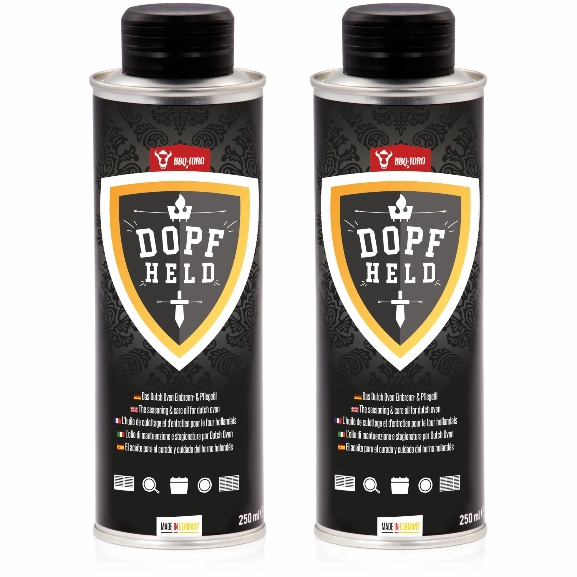BBQ-Toro DOPFHELD Dutch Oven olejek do pieczenia i pielęgnacji | 2 x 250 ml | olej do pielęgnacji żeliwnych akcesoriów do grilla | olej do pieca do rusztu grillowego, płyty grillowej, patelni Dutch
