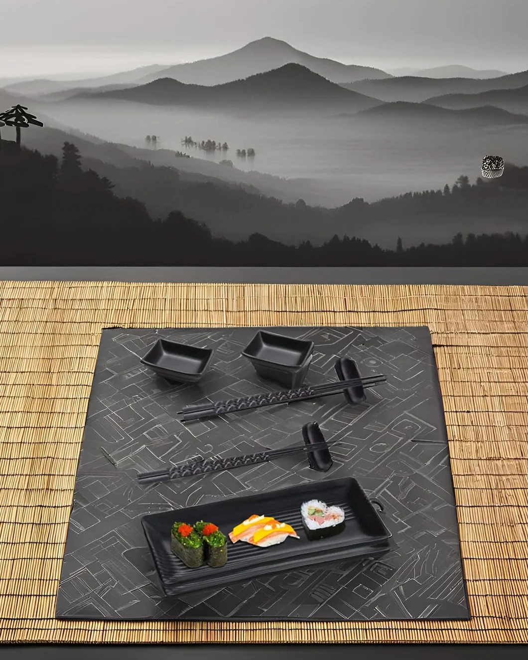 Talerz do sushi z miseczkami do dipów, japońskie talerze do sushi, zestaw naczyń z 2 parami pałeczek + 2 półki na pałeczki + 2 talerze + 2 talerze do dipet, czarny