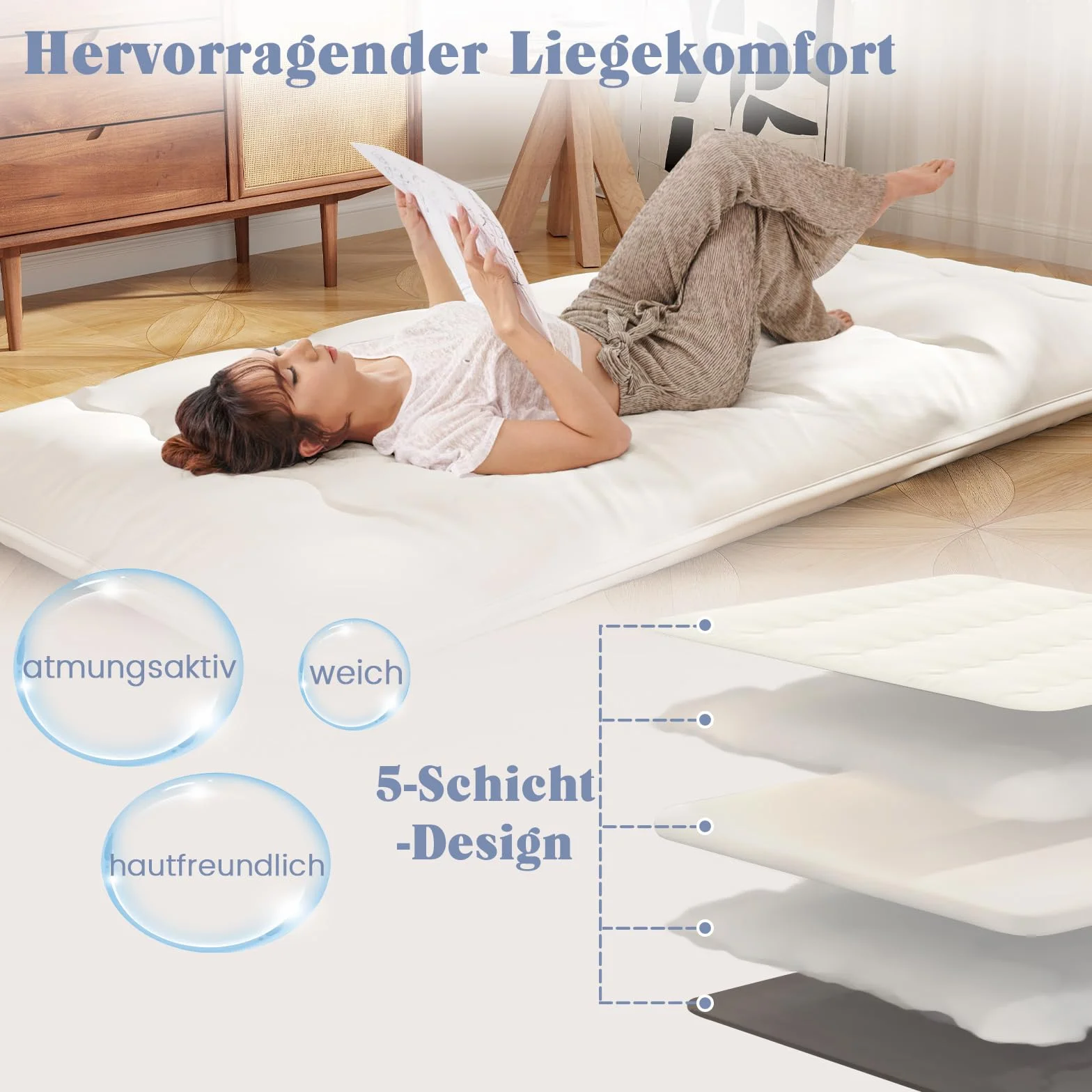 COSTWAY Japoński materac futon, mata tatami, materac podłogowy, składany materac z poszewką nadającą się do prania, składana mata do spania z torbą do noszenia, beżowy, 90 x 200 cm