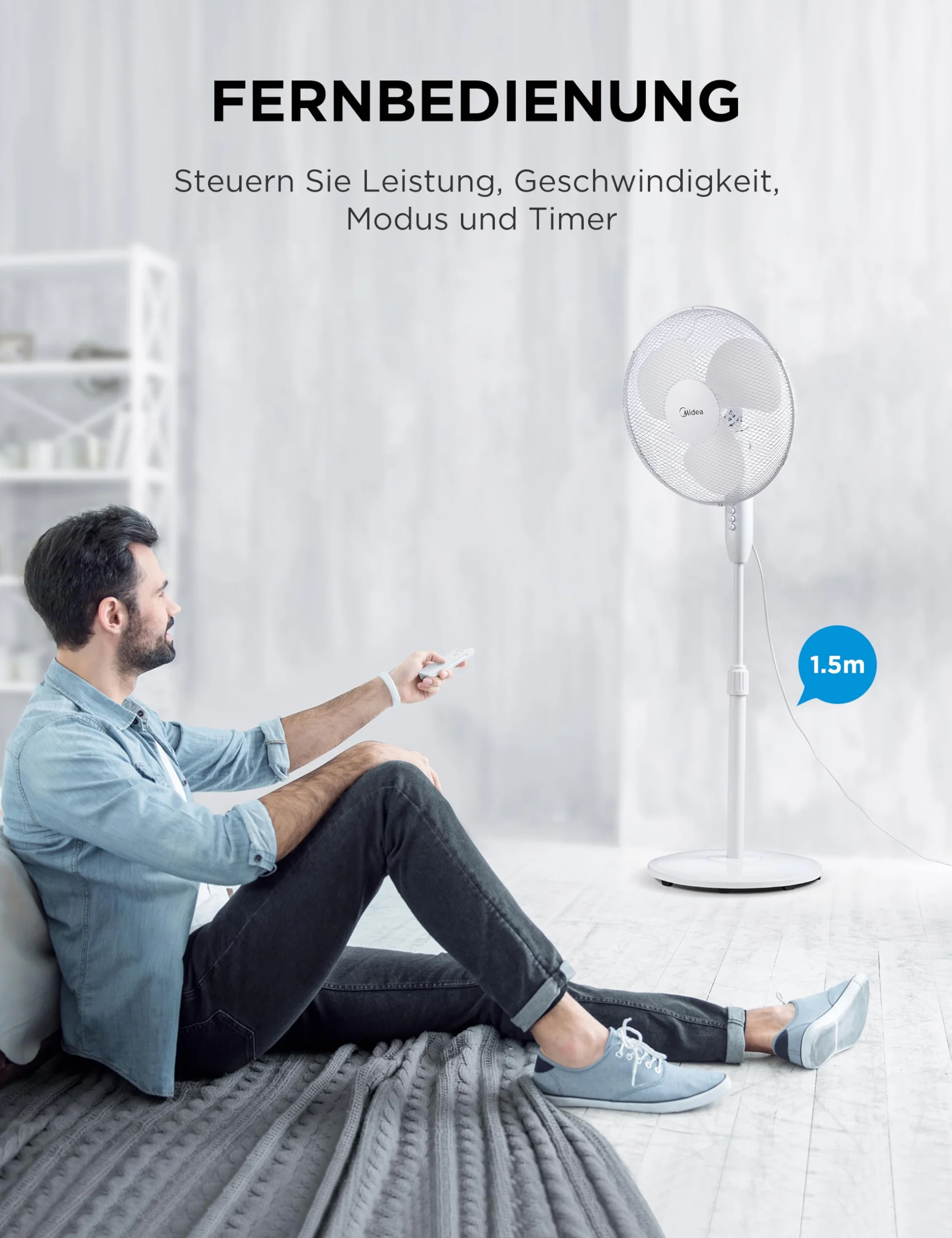 Midea FS40-16JA wentylator stojący, duża siła wiatru, duża objętość powietrza, moc 40 W, cicha praca 55 dB-65 dB, regulacja wysokości: do 130 mm, regulacja trzech prędkości
