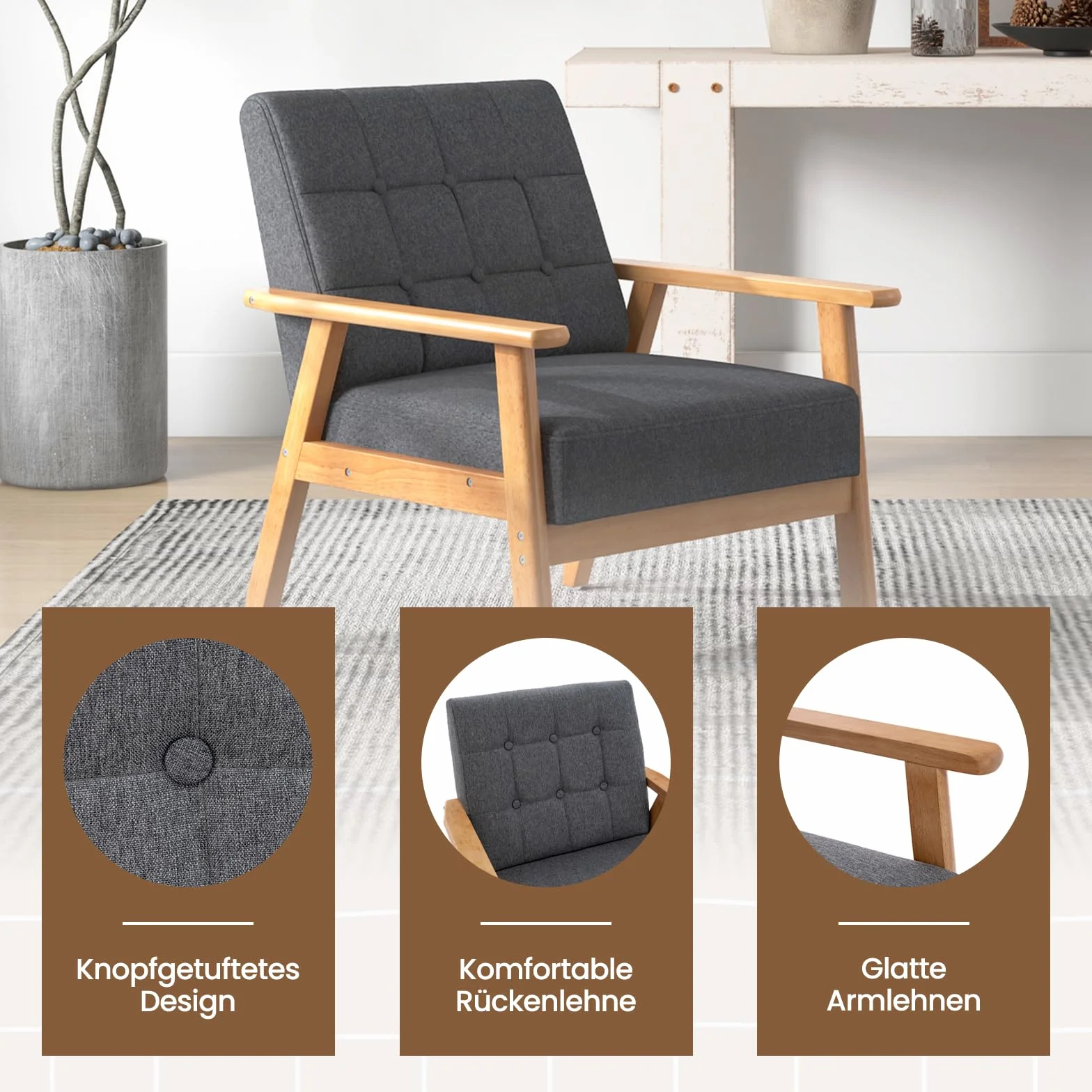 COSTWAY Fotel do salonu, tapicerowany fotel, do 150 kg, nowoczesne krzesło akcentujące z drewnianymi nogami i podłokietnikami, fotel koktajlowy, tapicerowany fotel do sypialni, biura, 72 x 65 x 76 cm