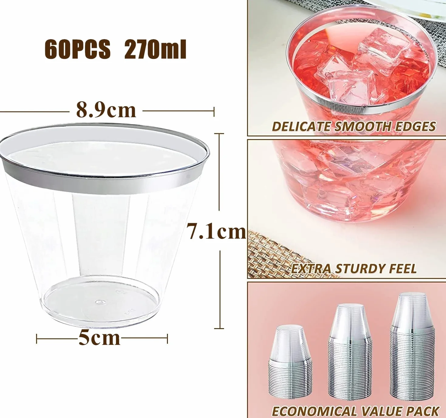 LATERN 60 szt. plastikowych kubków w srebrnych oprawkach, 270 ml, plastikowe kubki wielokrotnego użytku, eleganckie kieliszki do wina na imprezę, do szampana, piwa, koktajli, Martini, deseru sodowego