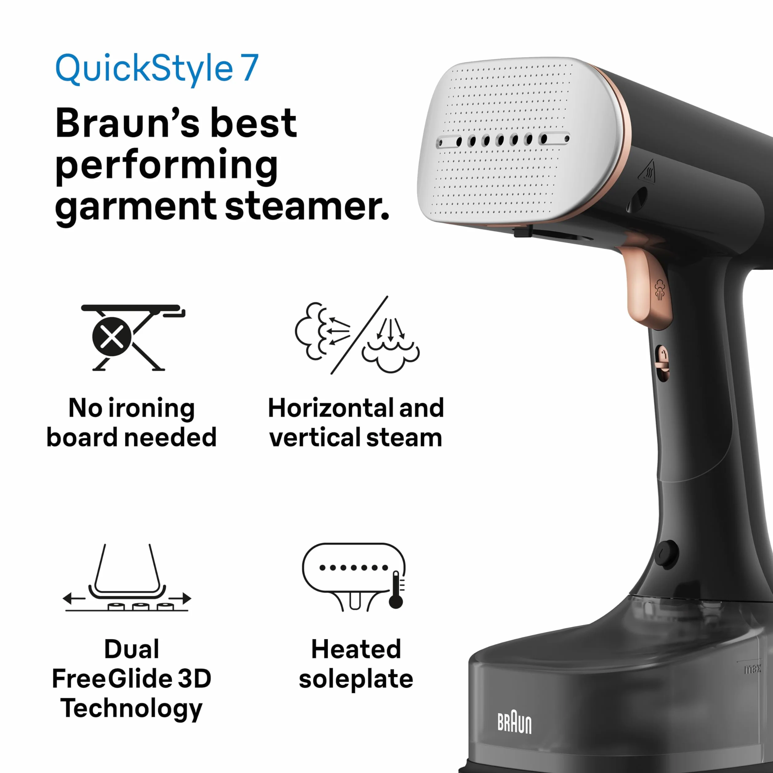 Braun QuickStyle 7 GS7077BK pionowa prasownica 3D Dual FreeGlide z podgrzewaną płytą grzewczą, szybkie nagrzewanie, para 35 g/min, pojemność 250 ml, kabel 3 m, 1600 W, czarny