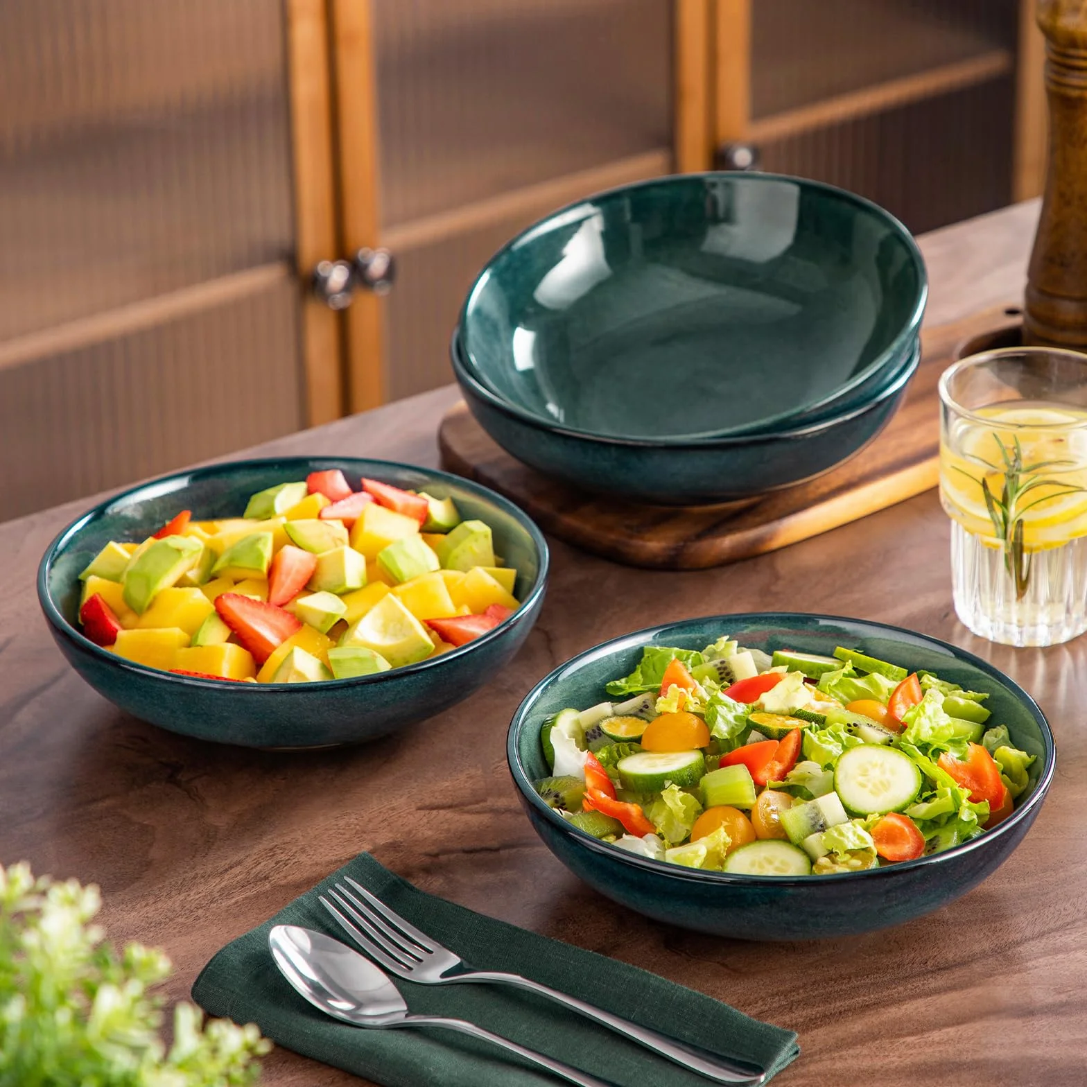 vancasso Stern 1100 ml, zestaw ceramicznych misek do makaronu, duże miski sałatkowe do serwowania, miseczki do zupy bezpieczne dla mikrofalówki, zestaw 4, zielone miseczki z kamionki