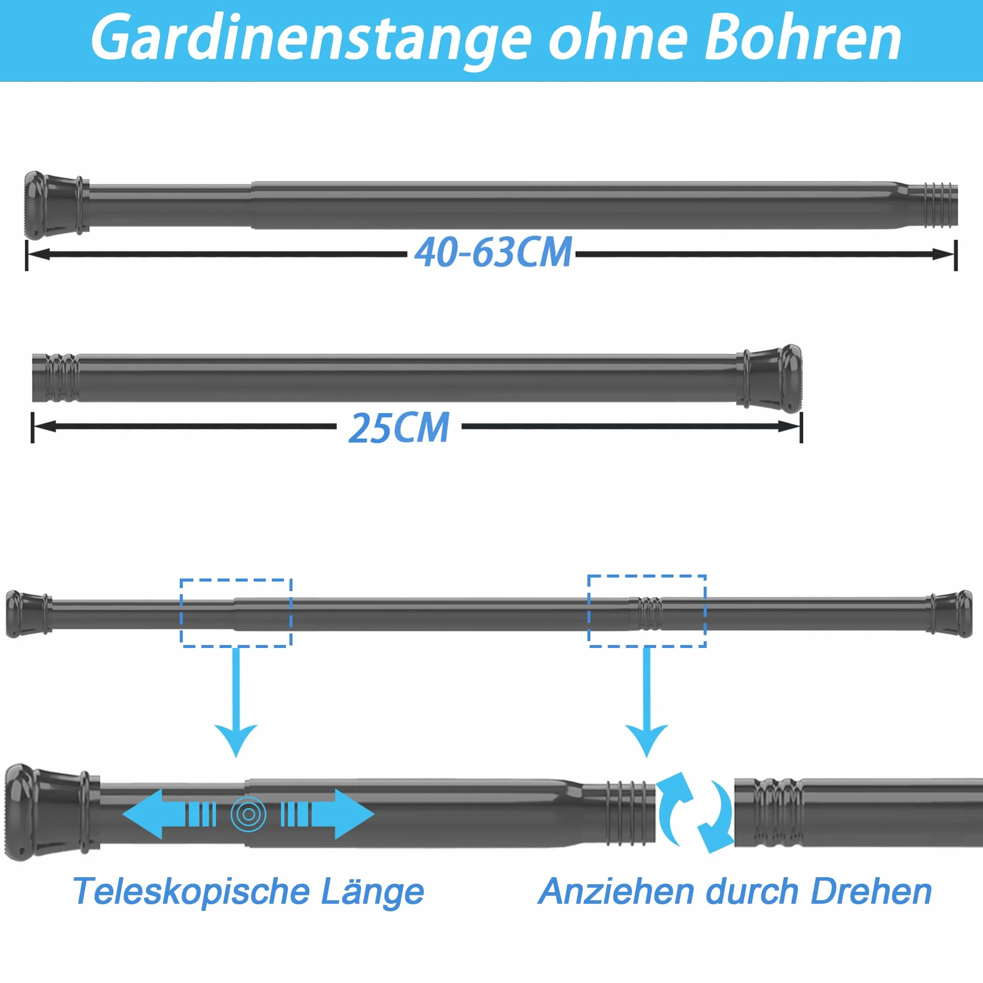 Karnisz do firanek, bez wiercenia, drążek prysznicowy, teleskopowy drążek na ubrania, do okien, szafy na ubrania, łazienki, 66-90 cm, 1szt. biały (średnica 25 mm)