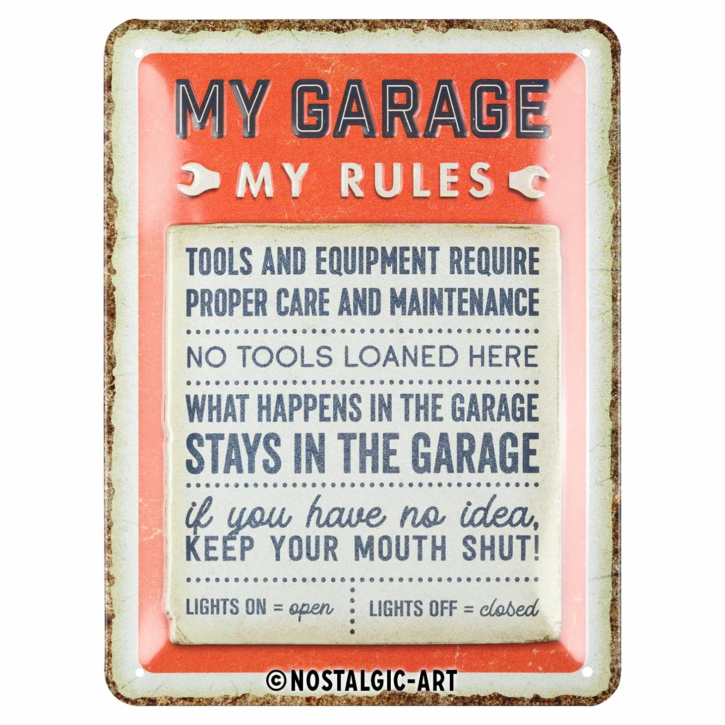 Nostalgic-Art My Garage, My Rules blaszana tabliczka w stylu retro, 15 x 20 cm, pomysł na prezent dla rzemieślników, z metalu, dekoracja warsztatowa w stylu vintage z sentencjami, blaszana tabliczka z