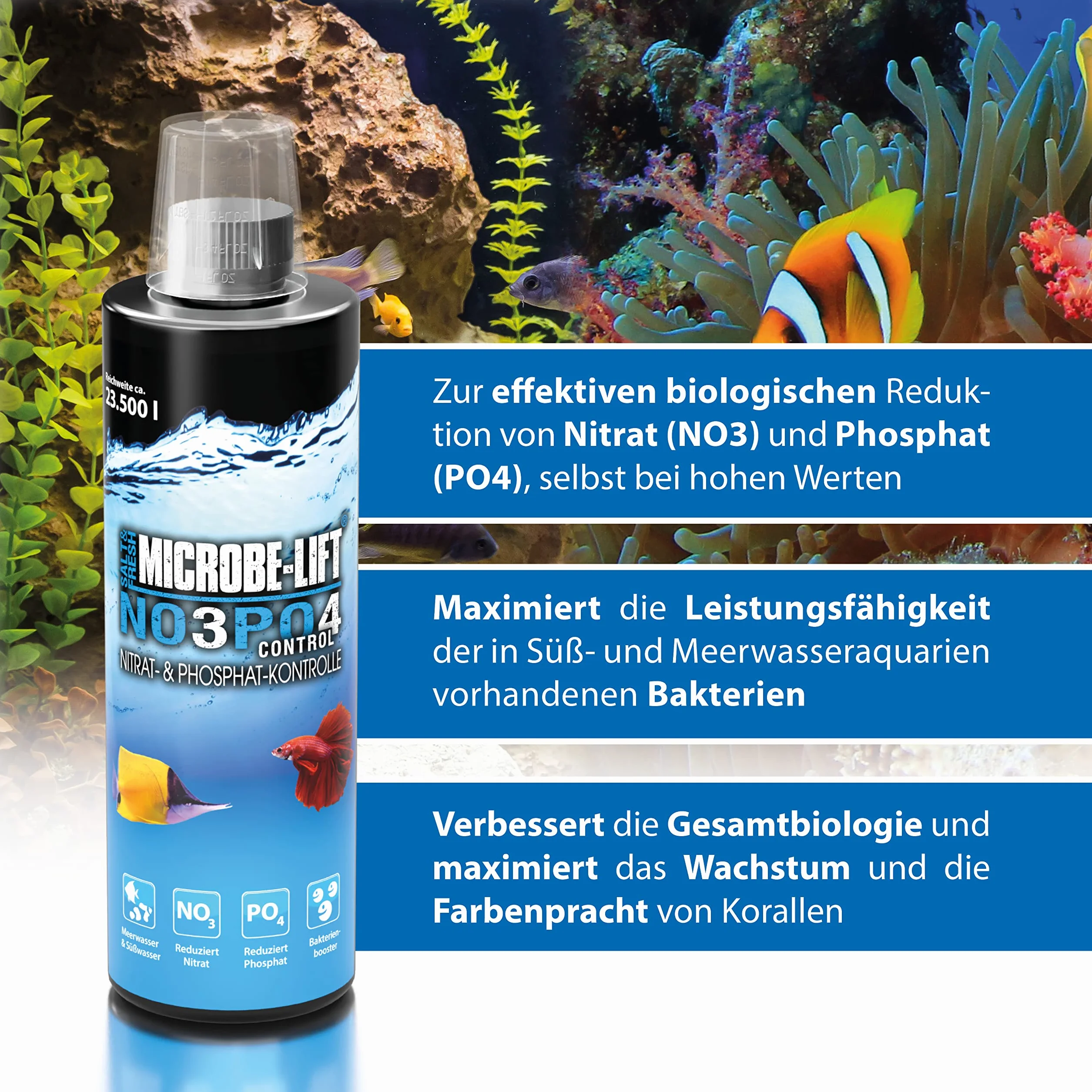 MICROBE-LIFT NOPO Control – skuteczny środek do usuwania azotanów i fosforanów, wzmacniacz bakterii, akwarium z wodą morską i słodką, 473 ml