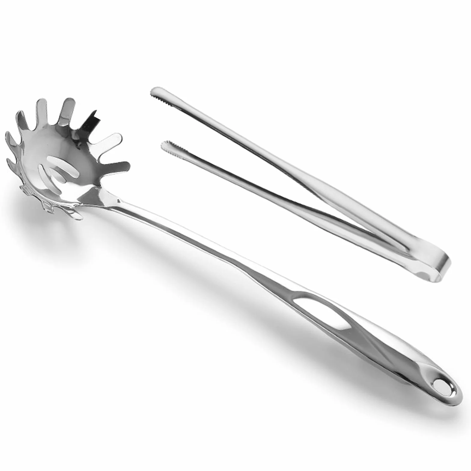 1 łyżka do spaghetti, z 1 szczypcami do serwowania, łyżka do makaronu z zębami, łyżka do makaronu ze stali nierdzewnej, przyrząd do podnoszenia makaronu, łatwa obsługa i czyszczenie, 34,5 cm