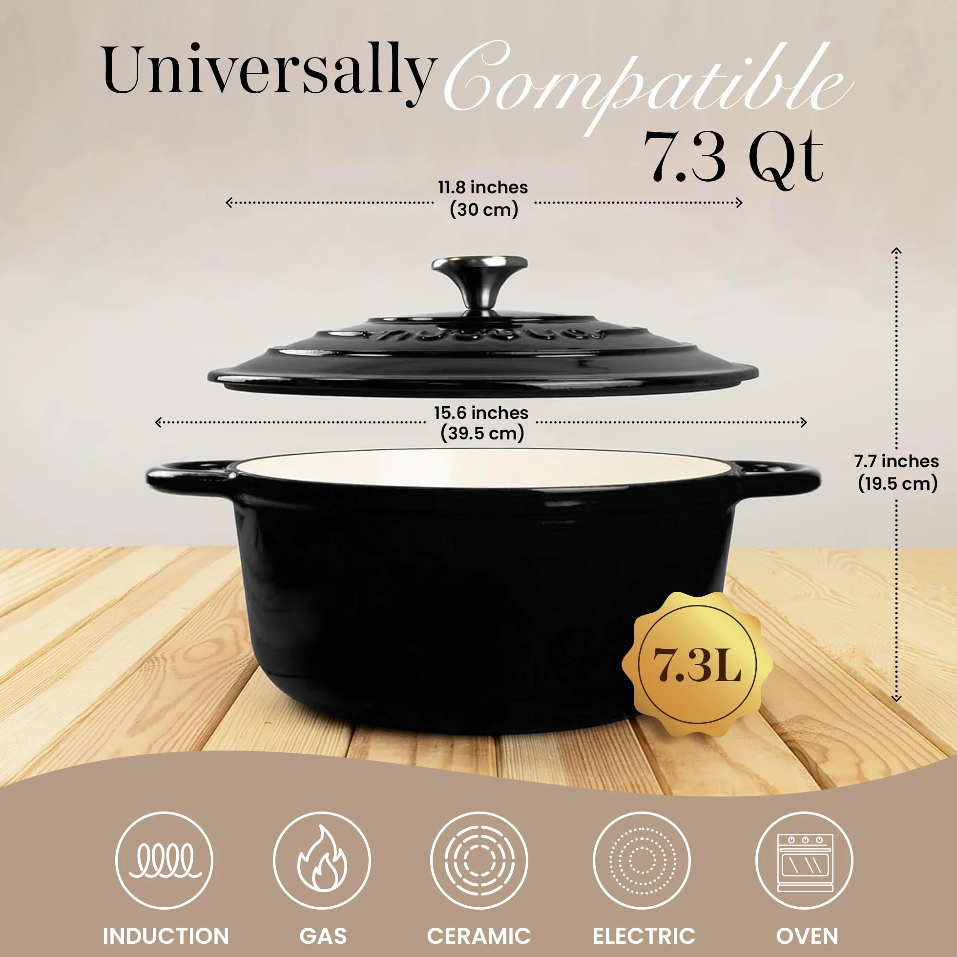 Garnki z Żeliwa z Pokrywką – Emaliowane, Nieprzywierające, Odporny na Piekarnik do 500° F – Solidne Garnki Holenderskie – Czarny, 7.3 Quart, 30cm – od Nuovva