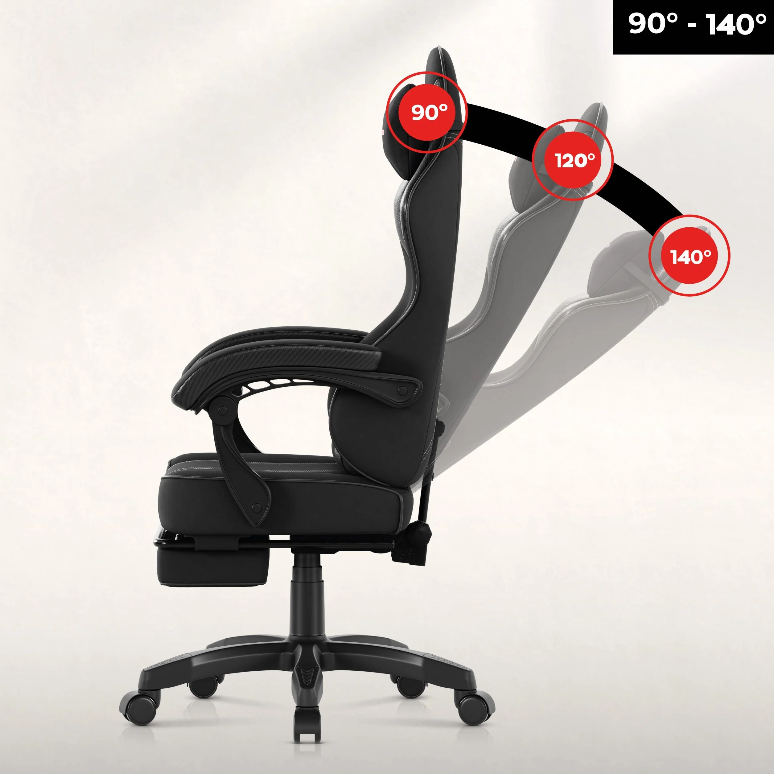 huzaro Force 3.7 Ergonomiczne krzesło do gier | Fotel dla gracza z podnóżkiem i poduszką lędźwiową | pochylone oparcie, wygodne podłokietniki, oddychająca tkanina, ciche kółka | czarny karbonowy