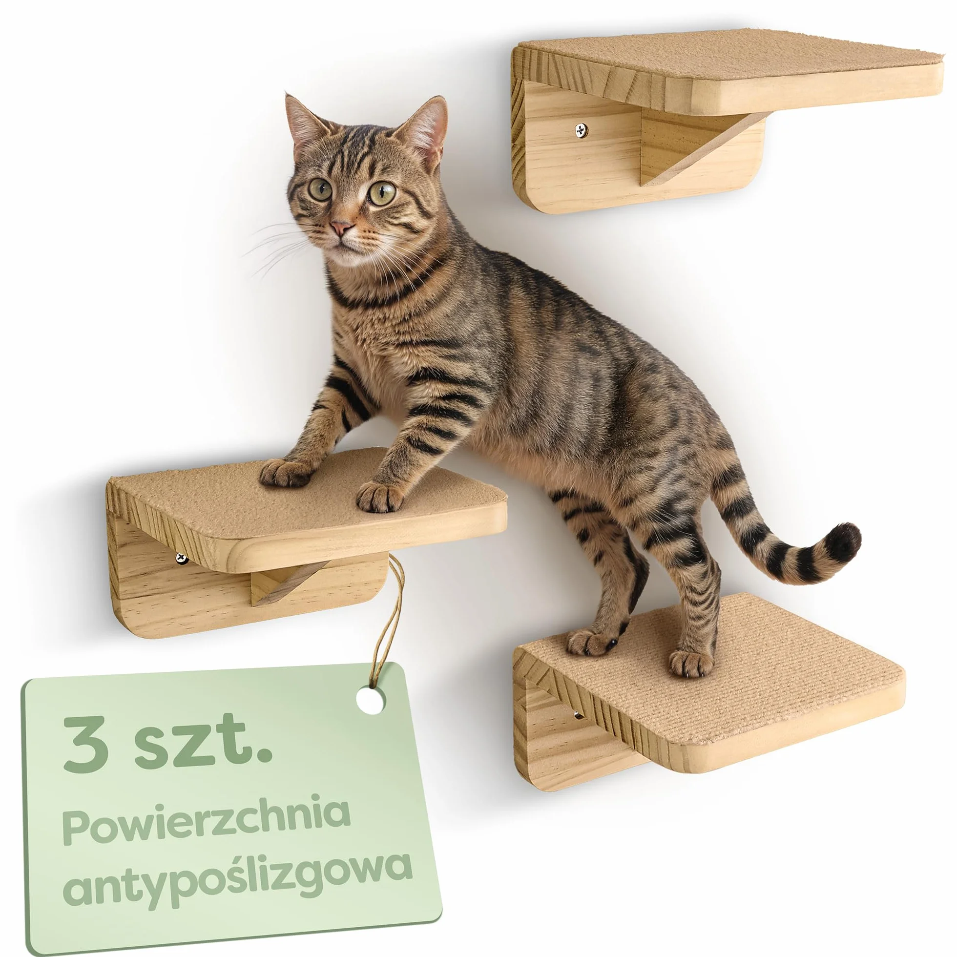 Ścianka Wspinaczkowa Dla Kotów - 3 Ścianka Schodowa Dla Kotów - Fsc® Drewno Sosnowe - Antypoślizgowa Włóknina - Łatwy Montaż - Udźwig Do 30kg (Beż, 18x10cm, 1)