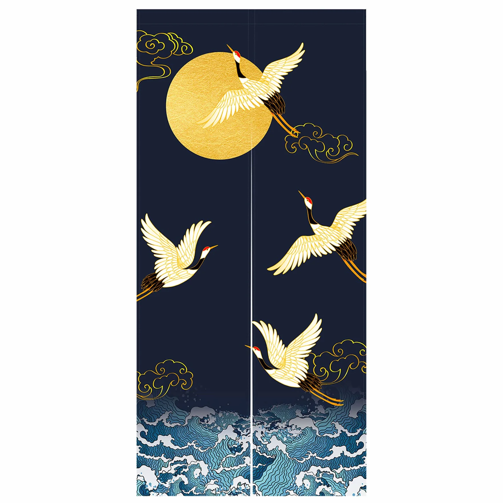 LIGICKY Noren zasłona do drzwi w japońskim stylu żurawie fale złota pełnia księżyca nadruk bawełna len dekoracja drzwi gobelin do dekoracji wnętrz 85 x 180 cm, granatowa