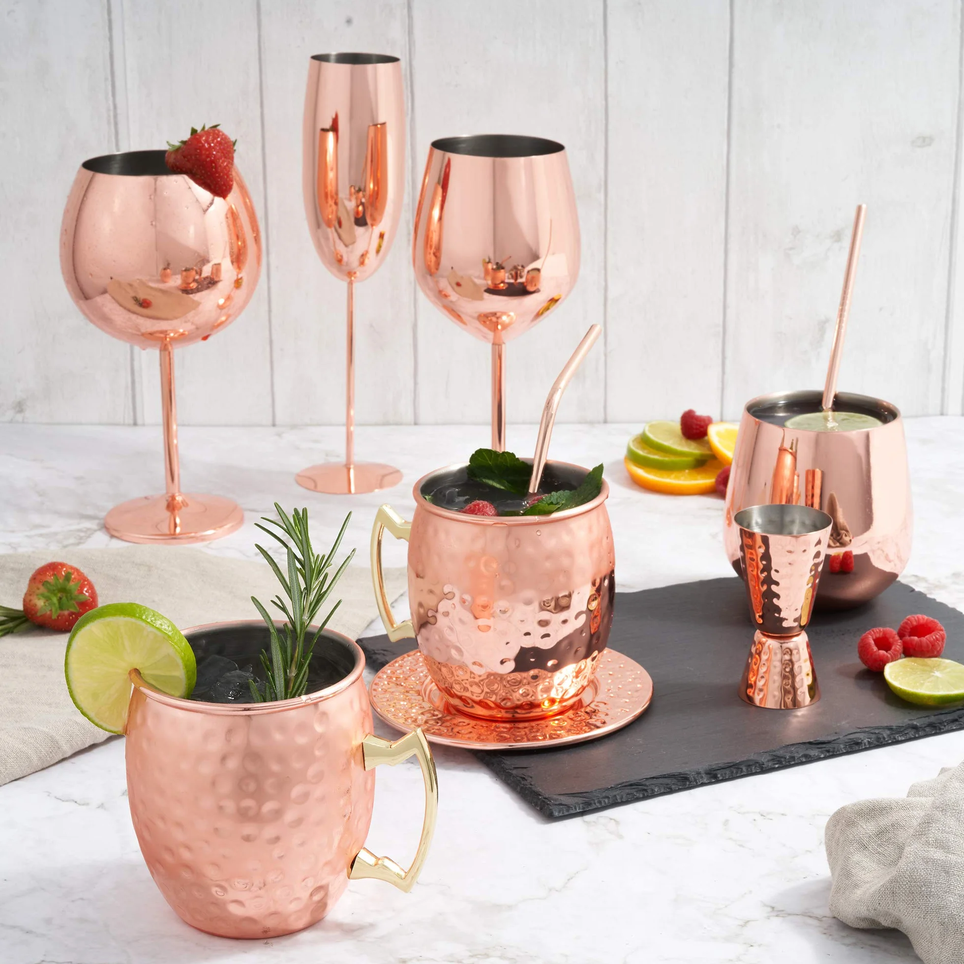 Oak & Steel - 4 eleganckie kieliszki do wina ze stali nierdzewnej, miedziane, różowe złoto, 520 ml, zestaw upominkowy, do domowego baru, na wesela, rocznicę, przyjęcie urodzinowe