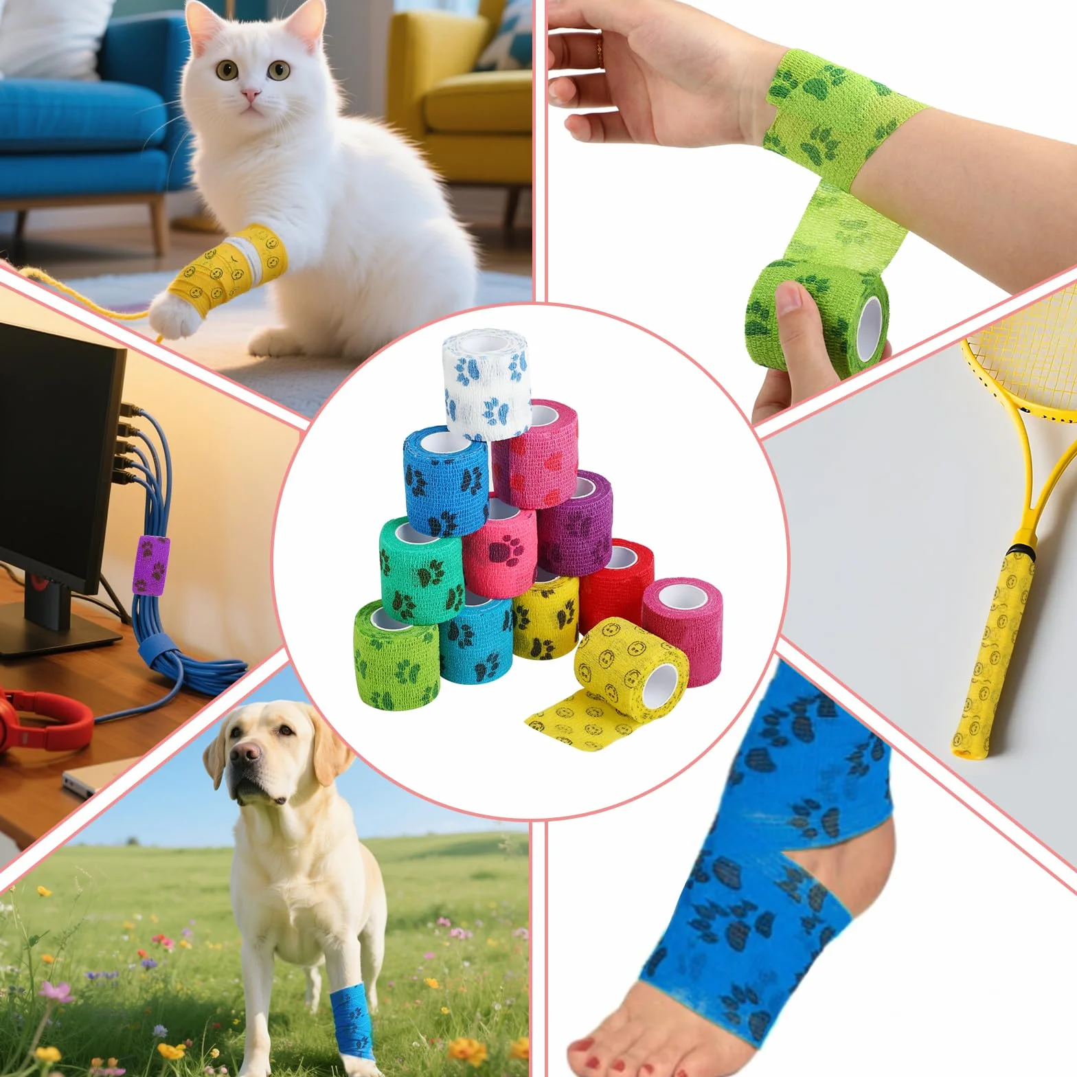 12 sztuk samoprzylepnego bandaża, samoprzylepna opaska, elastyczna opaska samoprzylepna dla psów, koni i innych zwierząt domowych – idealna do utrzymania i ochrony stawów, ścięgien i nadgarstków.