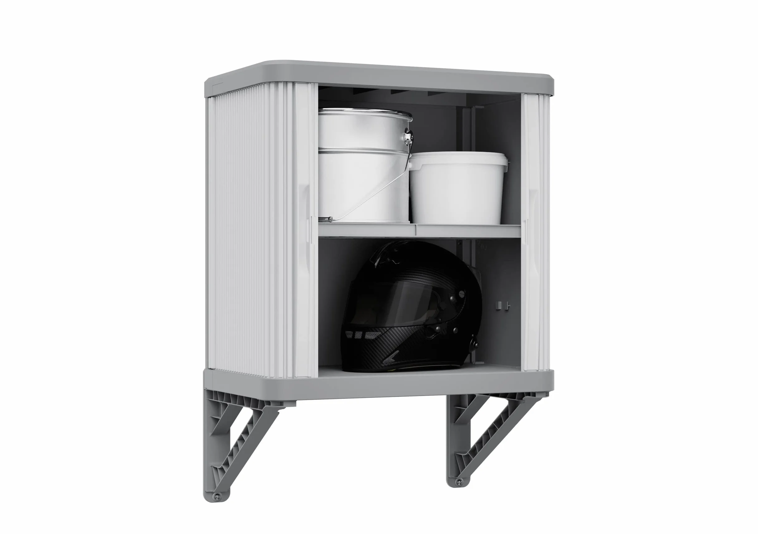 Terry, Rolling Space Wall Cab, szafka ścienna z dwoma przesuwanymi drzwiami, zewnętrzna i wewnętrzna, 2 modułowe półki wewnętrzne, szara, z recyklingu tworzywa sztucznego, wymiary: 59 x 36 x 59 cm