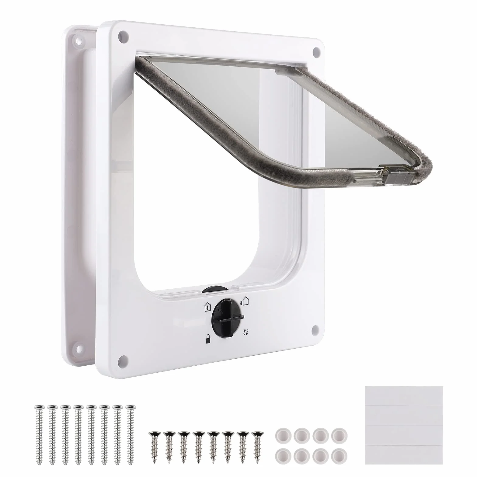CPROSP Drzwi dla kota białe z 4 ustawieniami blokady, klapa dla kota tunel wewnętrzny 19,5 x 18 cm, rama drzwi Cat Flap Door 27 x 23,5 x 5,5, dla psów/kotów