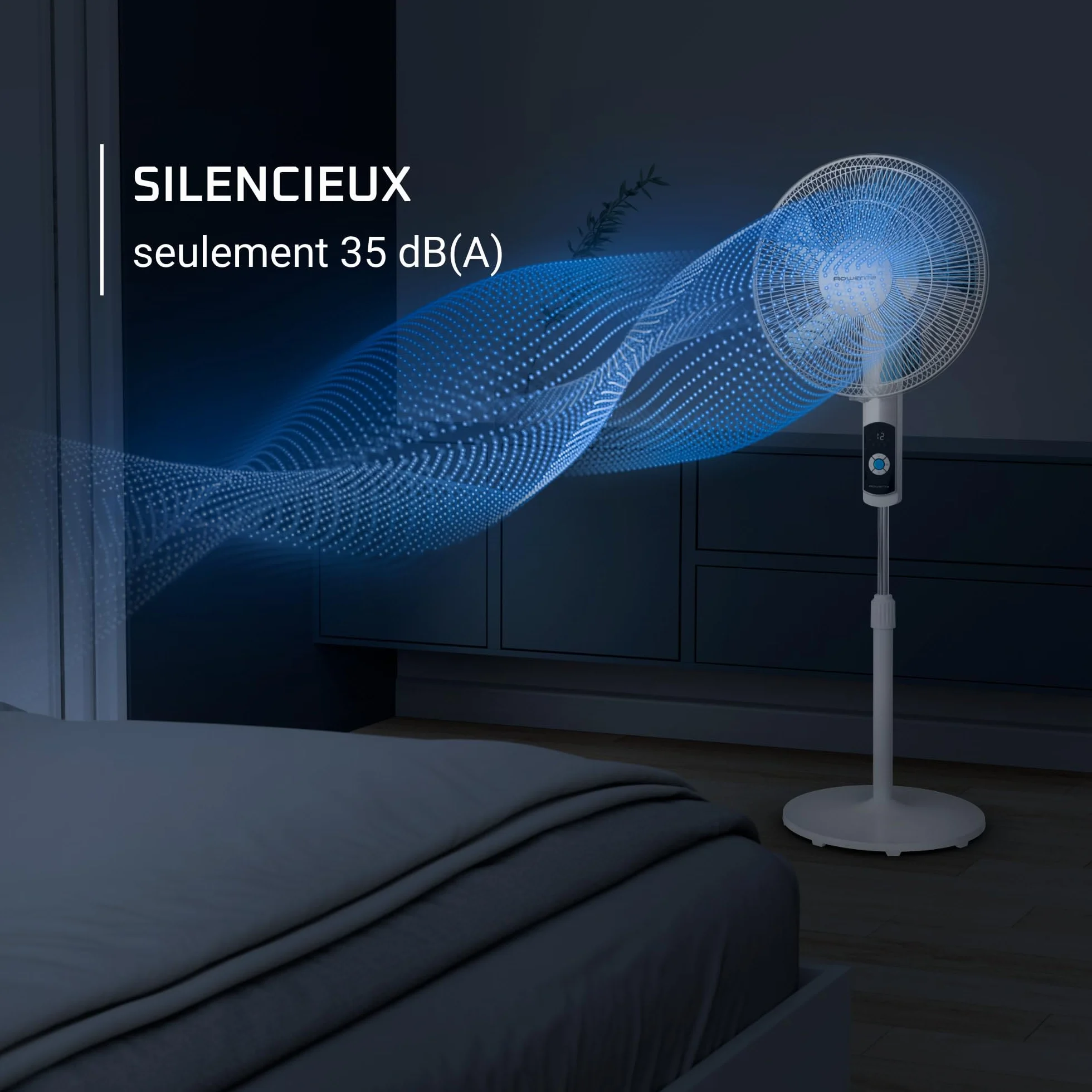 Rowenta Turbo Silence VU5650F0 wentylator stojący, tylko 35 dB (A) w trybie Silent Night, energooszczędny, 12 prędkości, cyfrowy wyświetlacz LED, timer, pilot zdalnego sterowania, biały, VU5650F0
