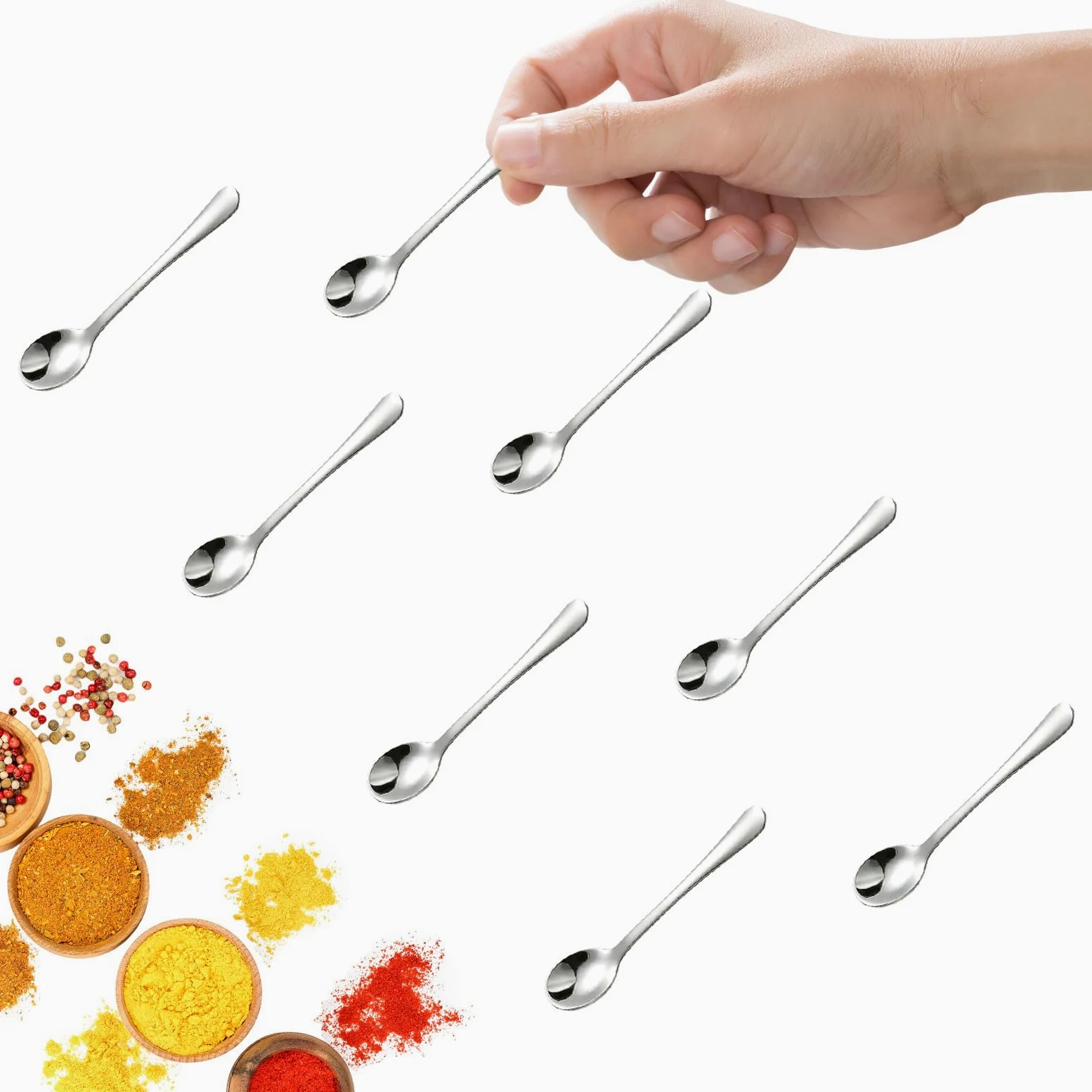 GlamRays 8 szt. Małe stalowe łyżeczki do słoików z przyprawami, mini rozmiar 7,5CM, urocze małe stalowe łyżeczki do przypraw, soli, zabawne małe łyżeczki