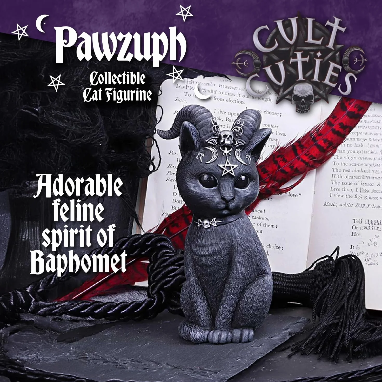 Nemesis Now Pawzuph Horned okkult kot, żywica poliestrowa, czarny i srebrny, 11 cm