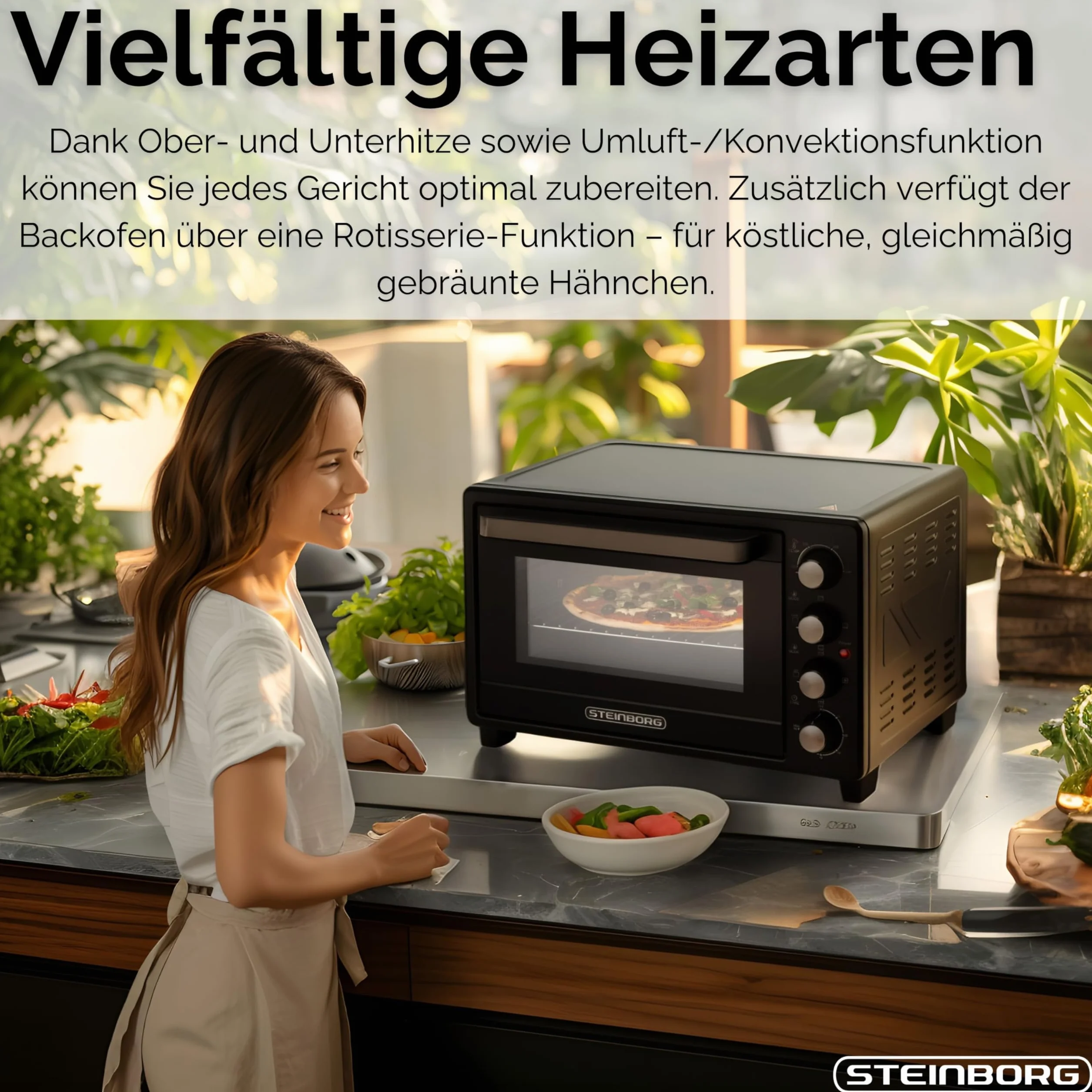 Steinborg Mini piekarnik 35 litrów z termoobiegiem i rożnem obrotowym, blacha na okruchy, grzanie górne i dolne, 1600 W, mini piekarnik z timerem, wolnostojący, bezstopniowa regulacja temperatury do