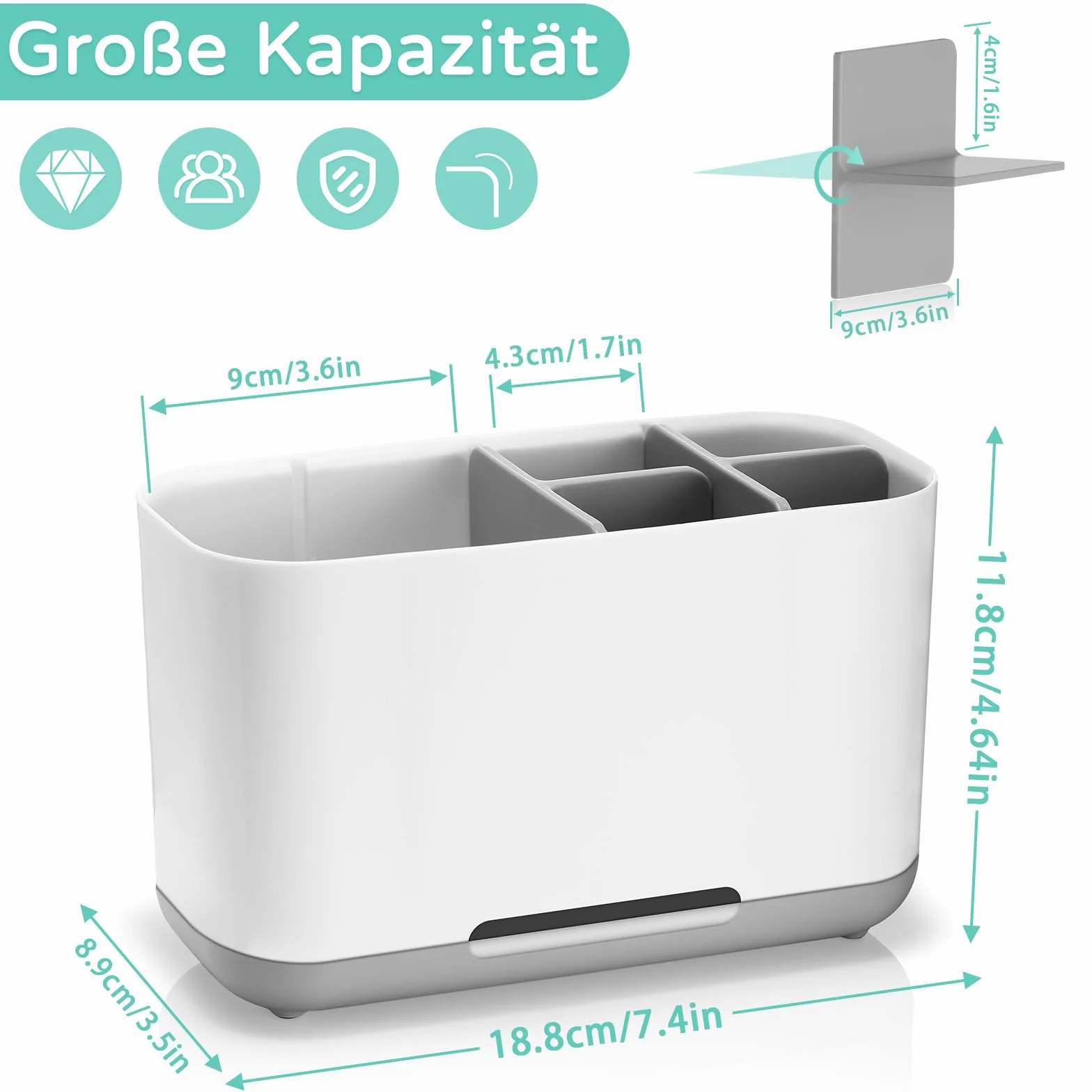 Uchwyt na szczoteczki do zębów, elektryczny organizer na szczoteczki do zębów, regulowany stojak na szczoteczki z tworzywa sztucznego z antypoślizgowym dnem, 4 przegródki na szczoteczki do zębów + 2