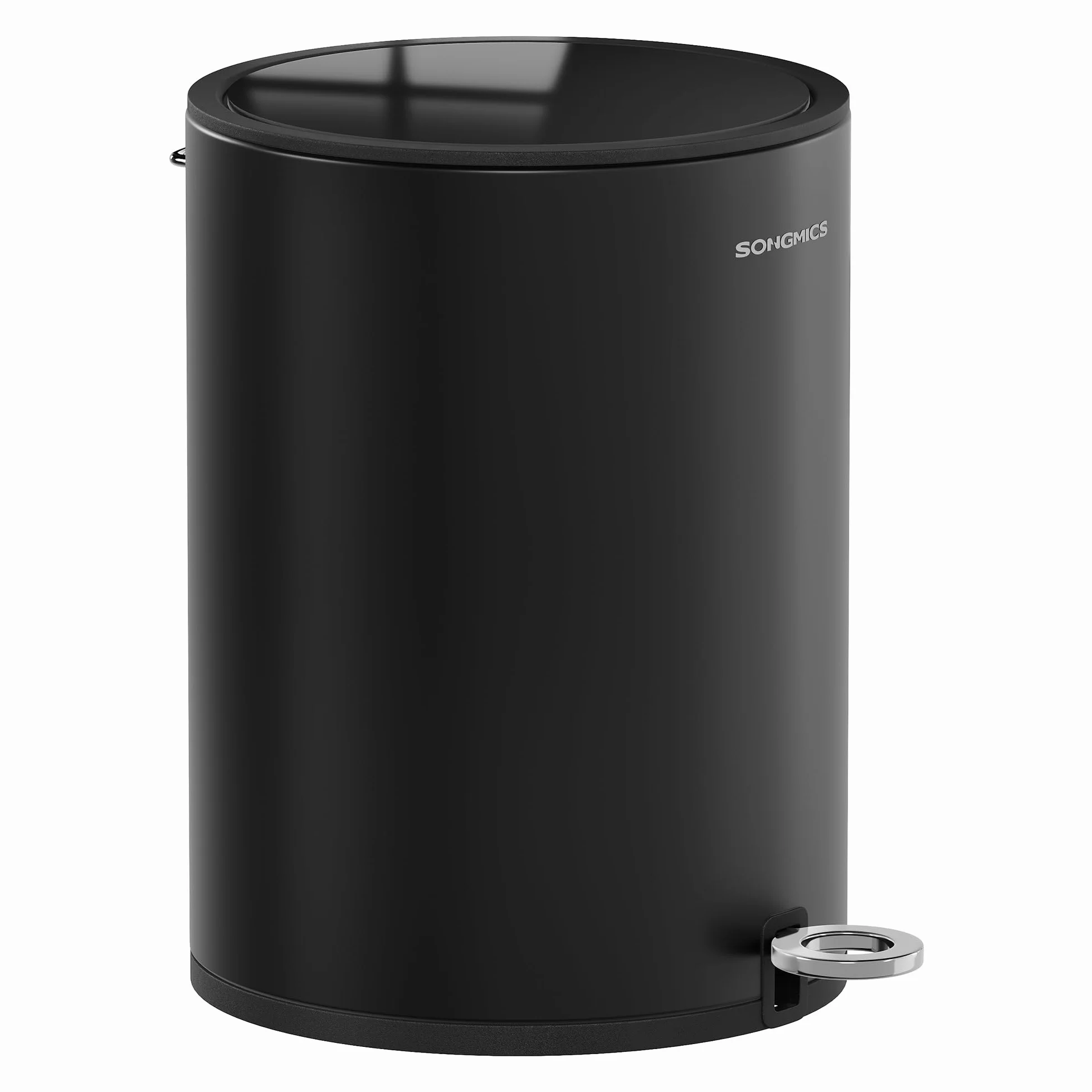 SONGMICS LTB012BZ01 Kosz łazienkowy z pokrywką, kosz na kosmetyki, 6 l, mały kosz na śmieci, miękkie zamykanie, wyjmowane plastikowe wiadro wewnętrzne, do sypialni, biura, stal, czarny atrament