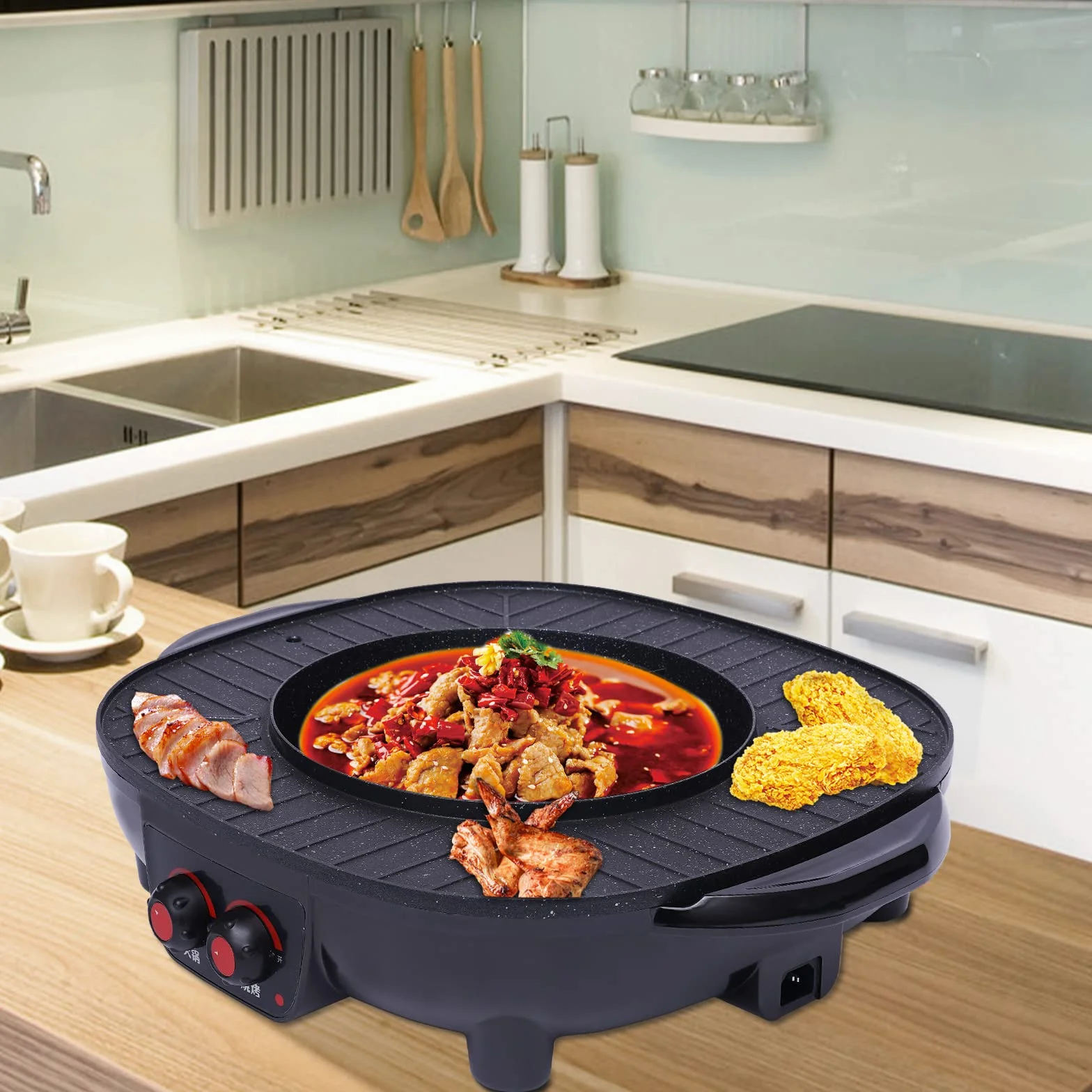Hotpot i grill 2 w 1, 2000 W, elektryczny grill Hot Pot i Bbq, regulacja temperatury, zdejmowana płyta grzewcza, dla rodziny, na imprezę