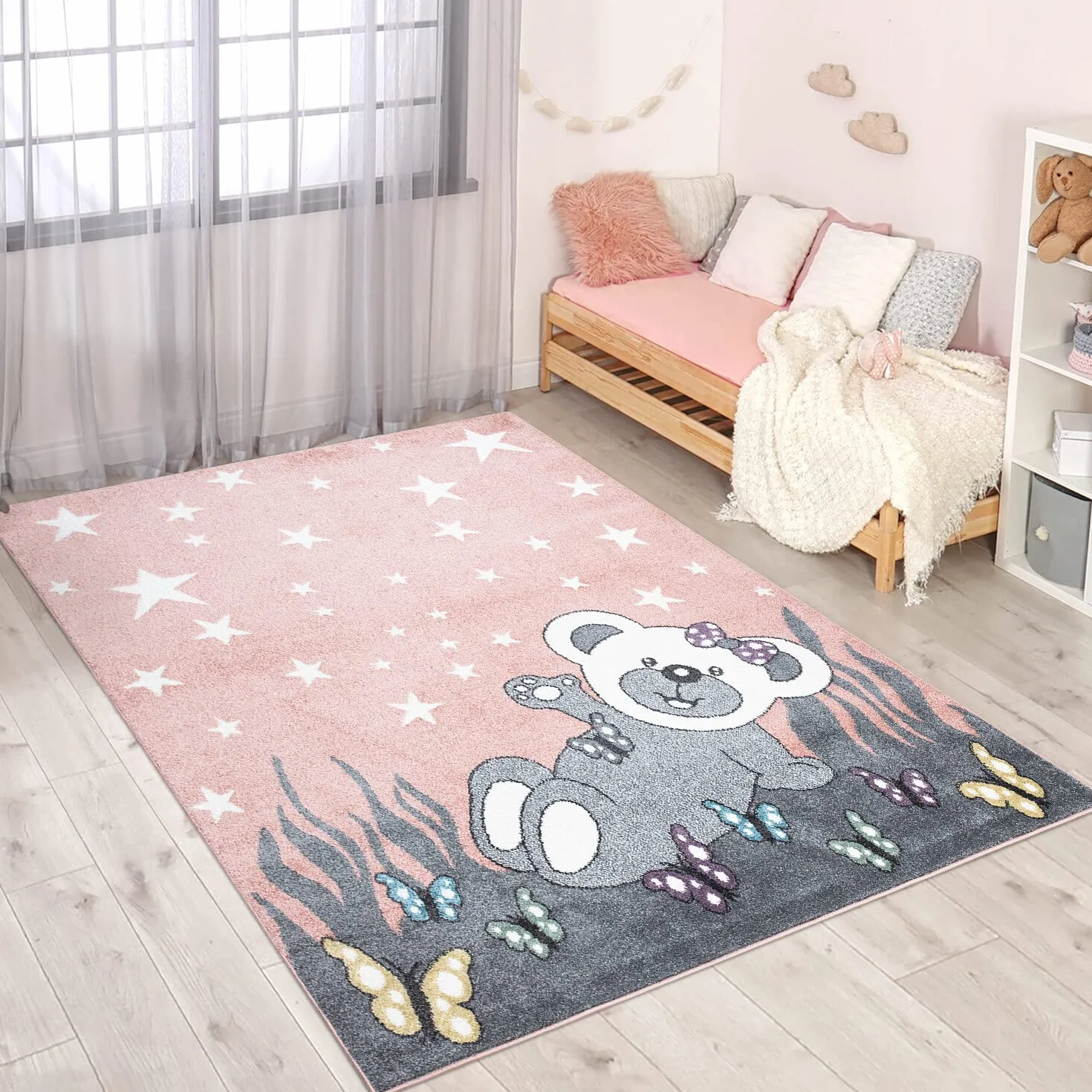 carpet city Dywan do pokoju dziecięcego, motyw: miś – różowy, szary, 120 x 160 cm – dywan dziecięcy z krótkim włosiem z gwiazdami, motylami – miękkie runo