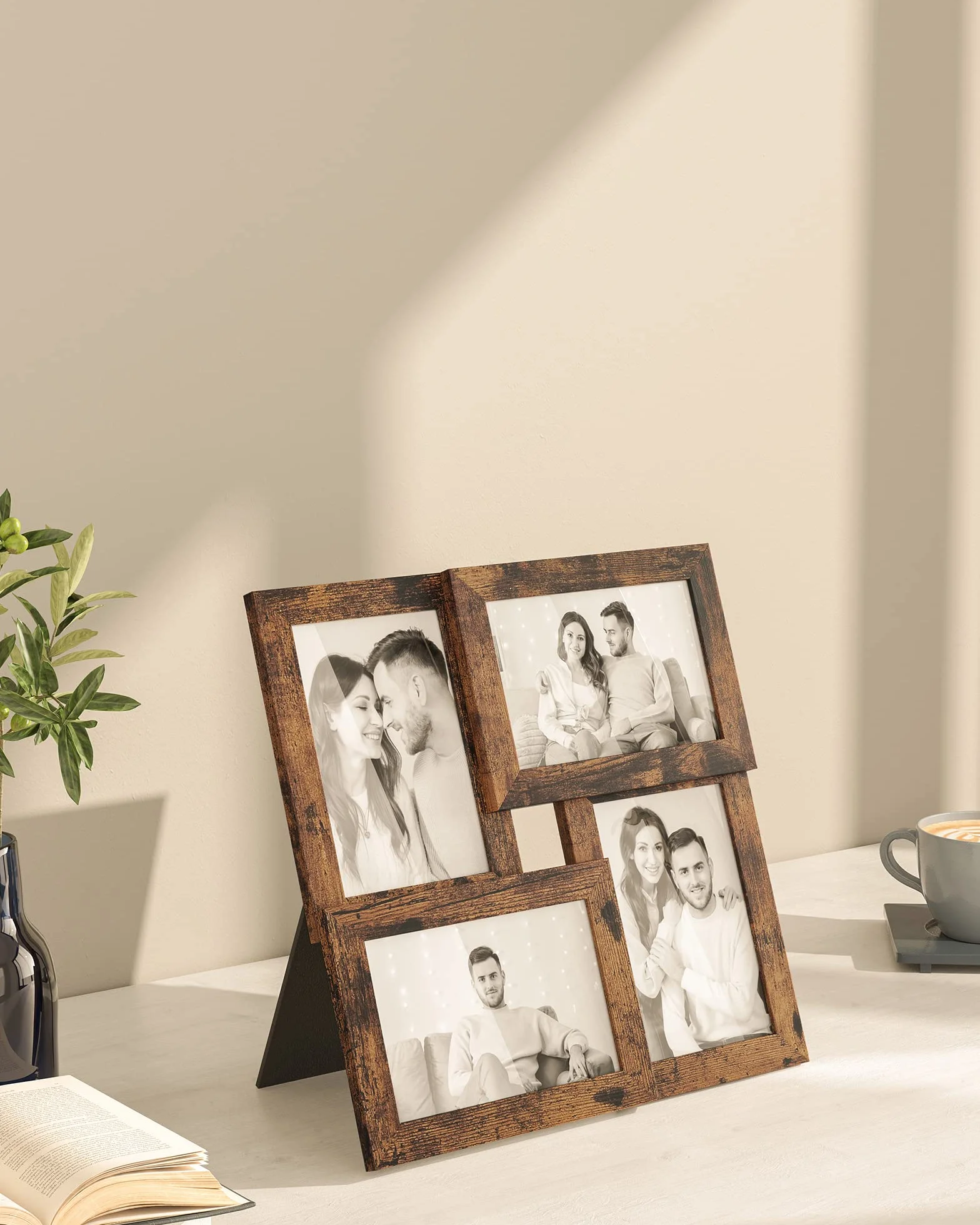 SONGMICS Kolaż ramek na zdjęcia, 4 ramki na zdjęcia o wymiarach 10 x 15 cm, kolaż zdjęć, kolaż ścienny, wieloramkowość, dekoracja ścienna, na Boże Narodzenie, brązowy vintage RPF025X01