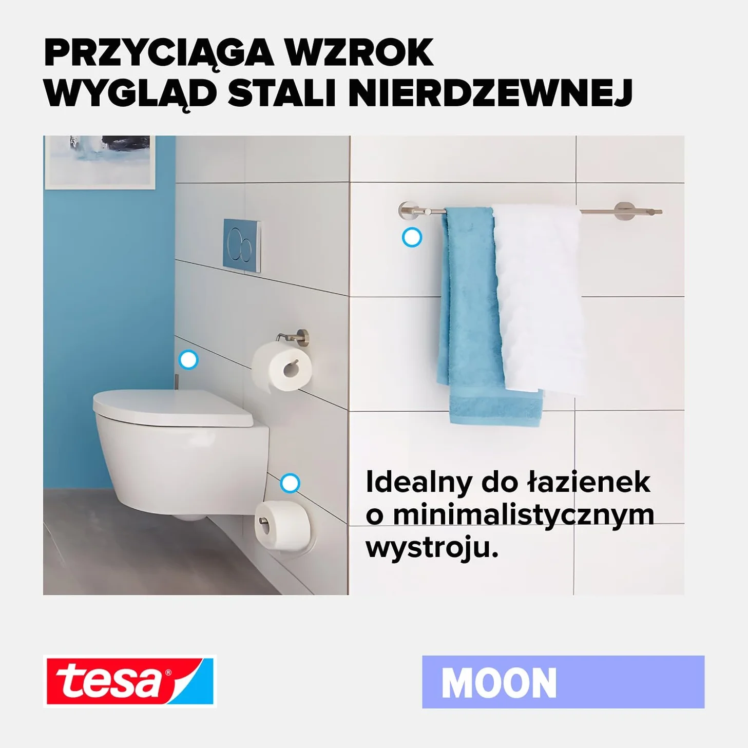 Mydelniczka tesa Moon, design stali nierdzewnej, samoprzylepna, wymiary 155 mm x 70 mm x 110 mm