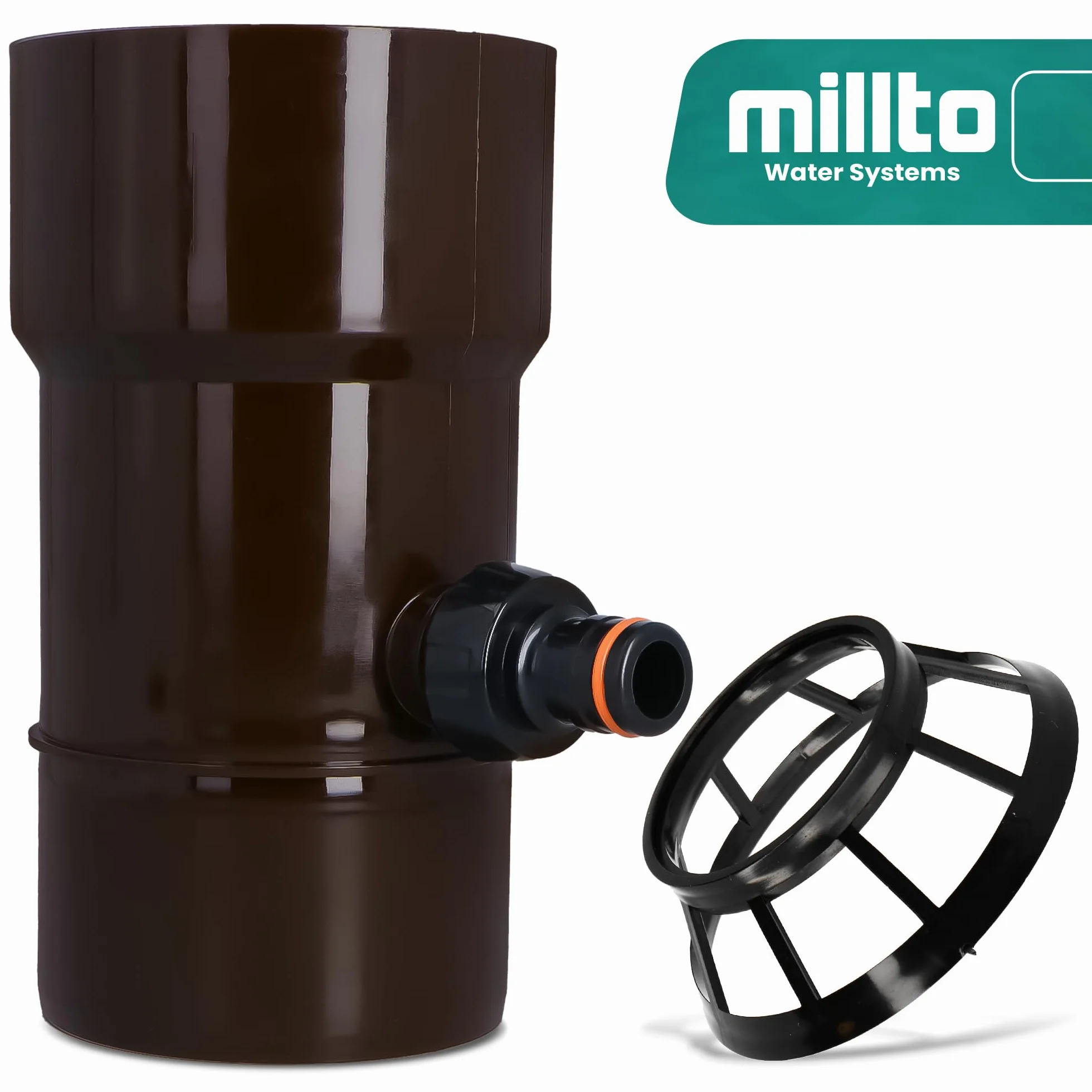 Millto™ Odpływ Rynny Dachowej Zbiornika na Deszczówkę DN Ø 110 mm Brązowy | Łapacz Wody Deszczowej Odzyskiwacz Zbieracz Deszczu Kolektor Deszczówki Przyłącze pod Szybkozłączkę 1 PowerJet