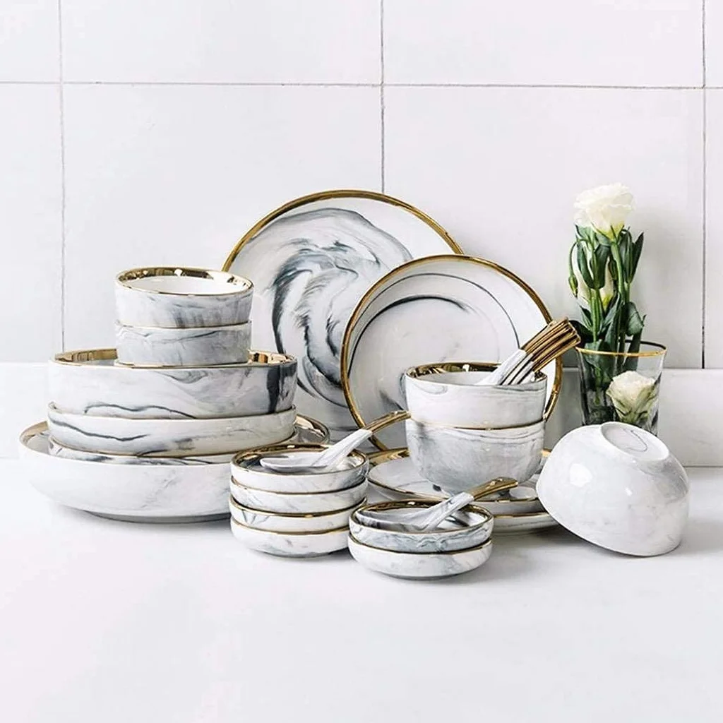 Ceramiczna zastawa stołowa, 26 sztuk Phnom Penh Szary marmur Ceramika Zestaw obiadowy Porcelanowa miska Danie Łyżka Zastawa stołowa Usługa łączona dla 6 osób