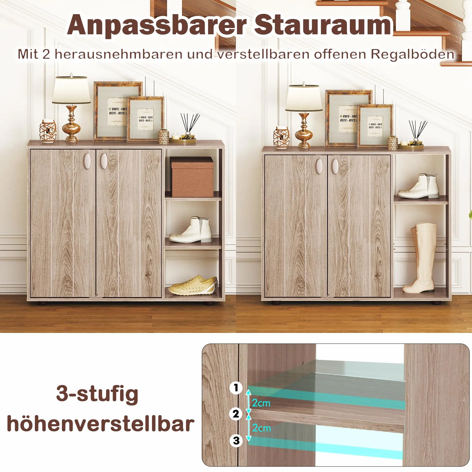 COSTWAY Szafka na Buty z 2 Drzwiami i Regulowanymi Półkami, Regał na Obuwie z 3 Otwartymi Przegrodami, Komoda do Korytarza i Salonu, 80 × 31 × 64,5 cm (Kolor Naturalny)