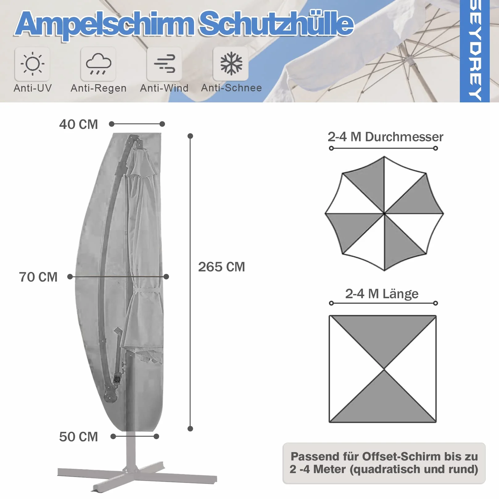Pokrowiec ochronny na parasol przeciwsłoneczny, pokrowiec ochronny na 2 m – 4 m, 420D, z prętem, Ø 200 cm, Ø 300 cm, Ø 400 cm (265 x 40/ 70/ 50 cm)