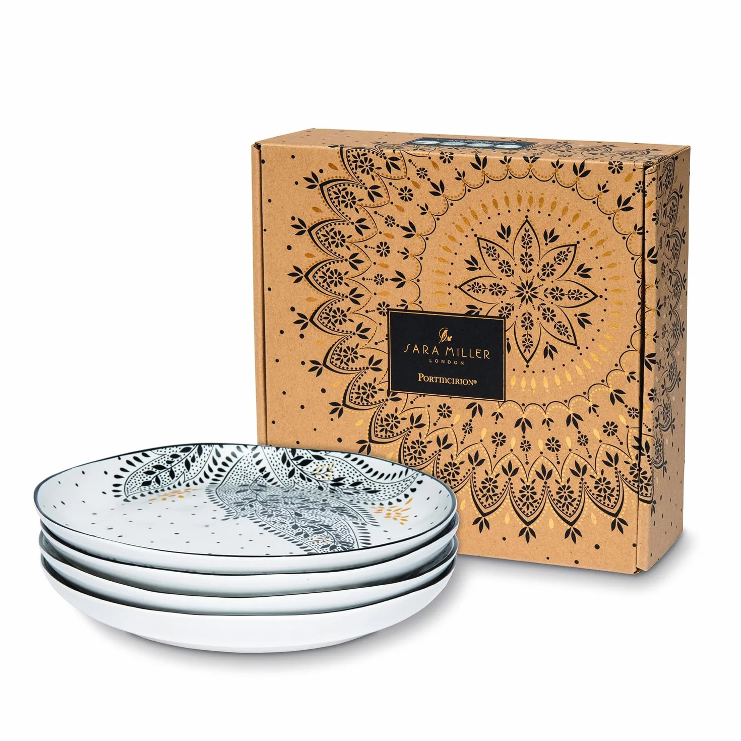 Portmeirion x Sara Miller London Artisanne Noir zestaw 4 talerzy sałatkowych (20,9 cm) – porcelanowe talerze ze złotymi detalami, czarno-biała zastawa stołowa