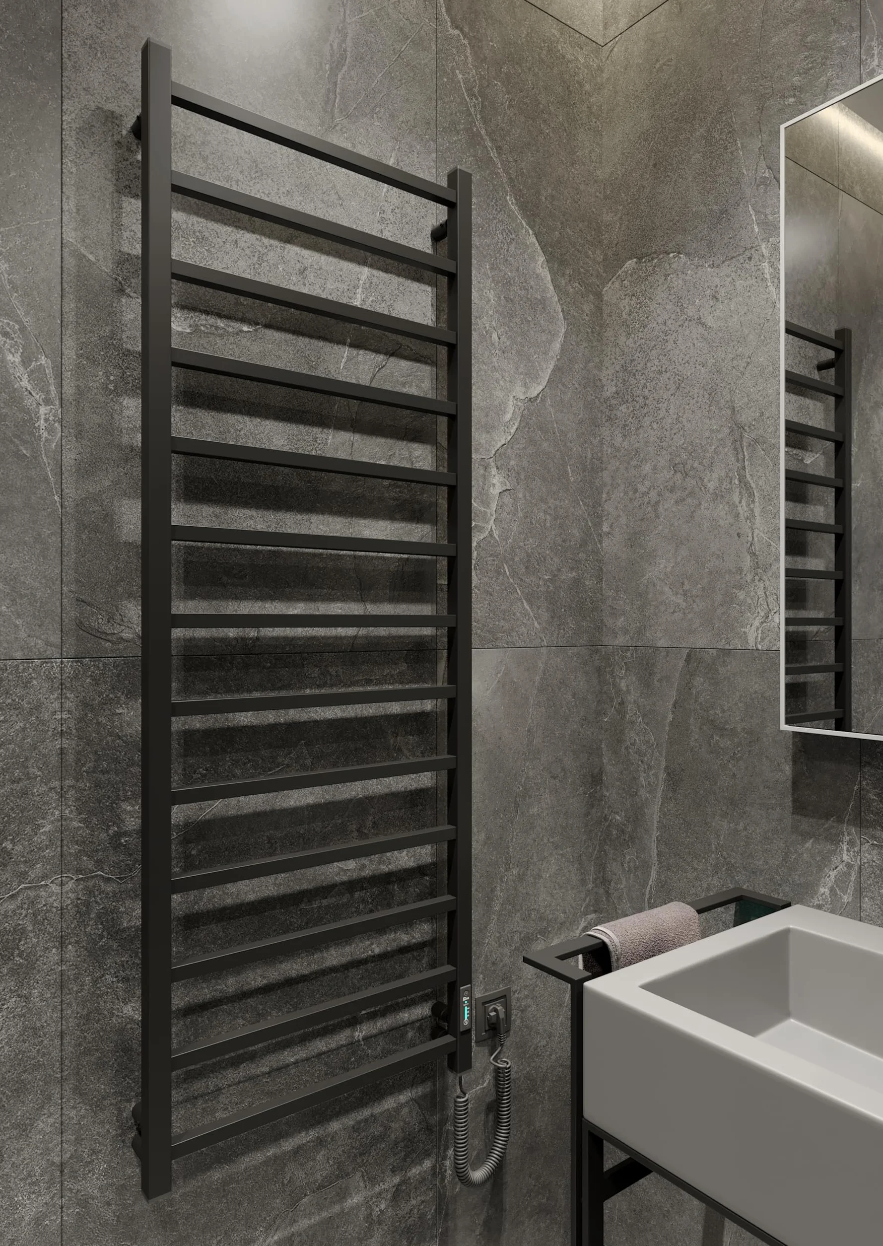 Elna Design grzejnik na ręczniki, czarny, 288 W, 1470 x 530 mm, elektryczny z timerem i termostatem, matowe wzornictwo, stal nierdzewna, IP44, do hotelu i luksusowej łazienki, montaż ścienny