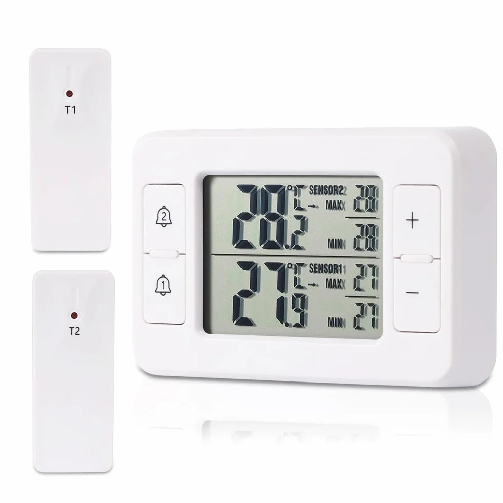 Termometr do lodówki, zamrażarki, termometr z 2 bezprzewodowymi czujnikami, termometr do użytku wewnątrz i na zewnątrz, alarm temperatury, min./maks, wskaźnik temperatury strzałka