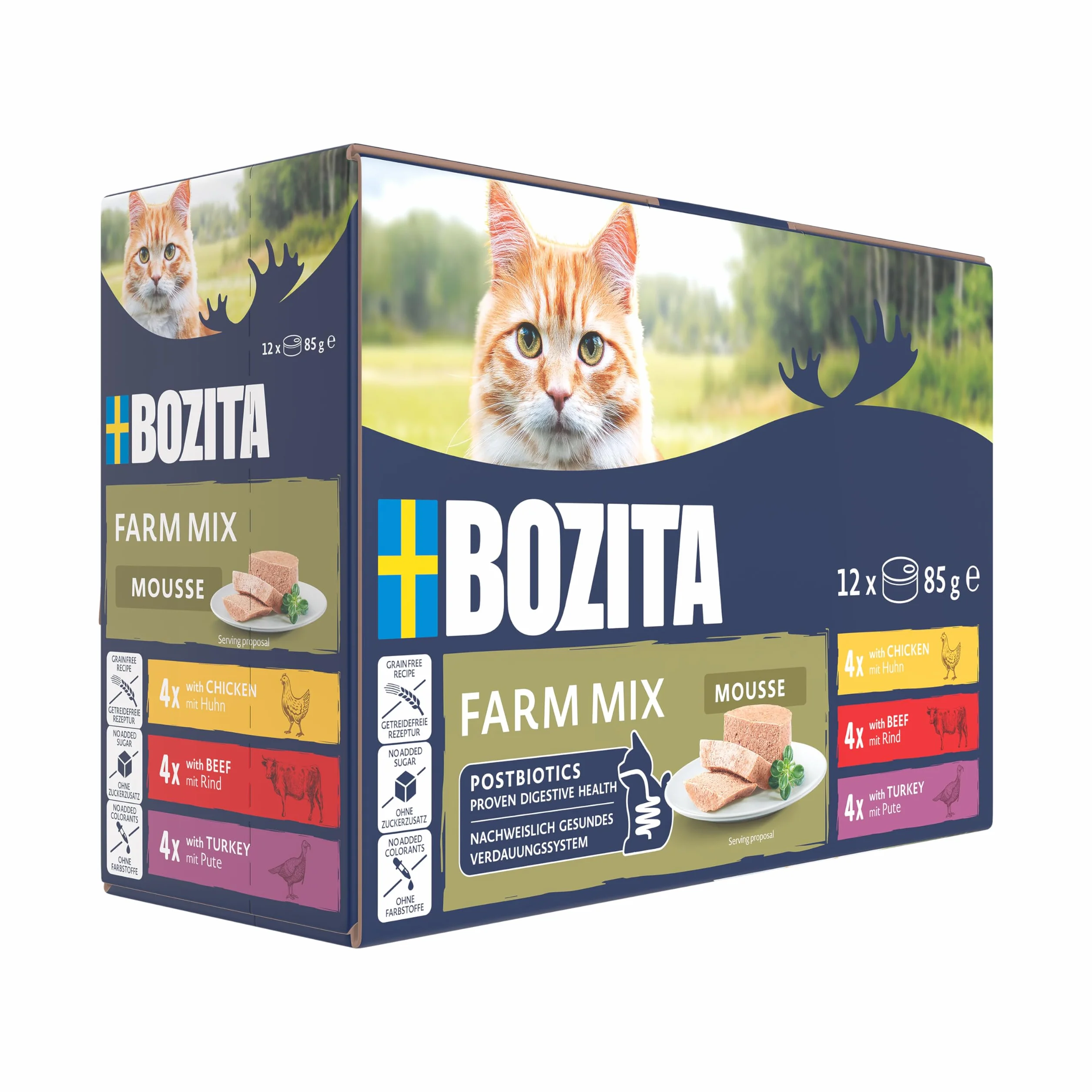 BOZITA Mousse Farm Mix 12 x 85 g mokra karma dla smakoszy z kurczakiem, wołowiną i indykiem z postbiotykami