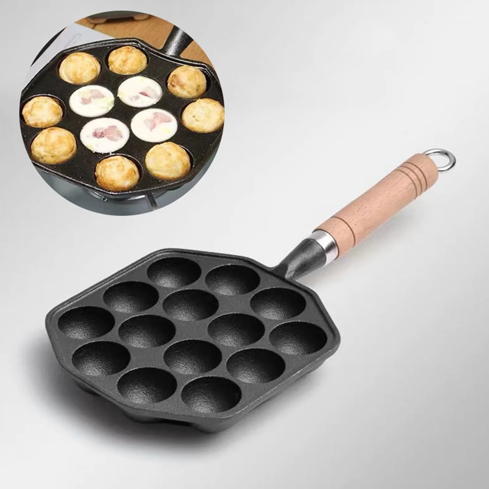 Takoyaki Patelnia z 14 otworami, nieprzywierająca, żeliwna, ośmiornica, kształt kulek do mięsa ze zdejmowanym uchwytem