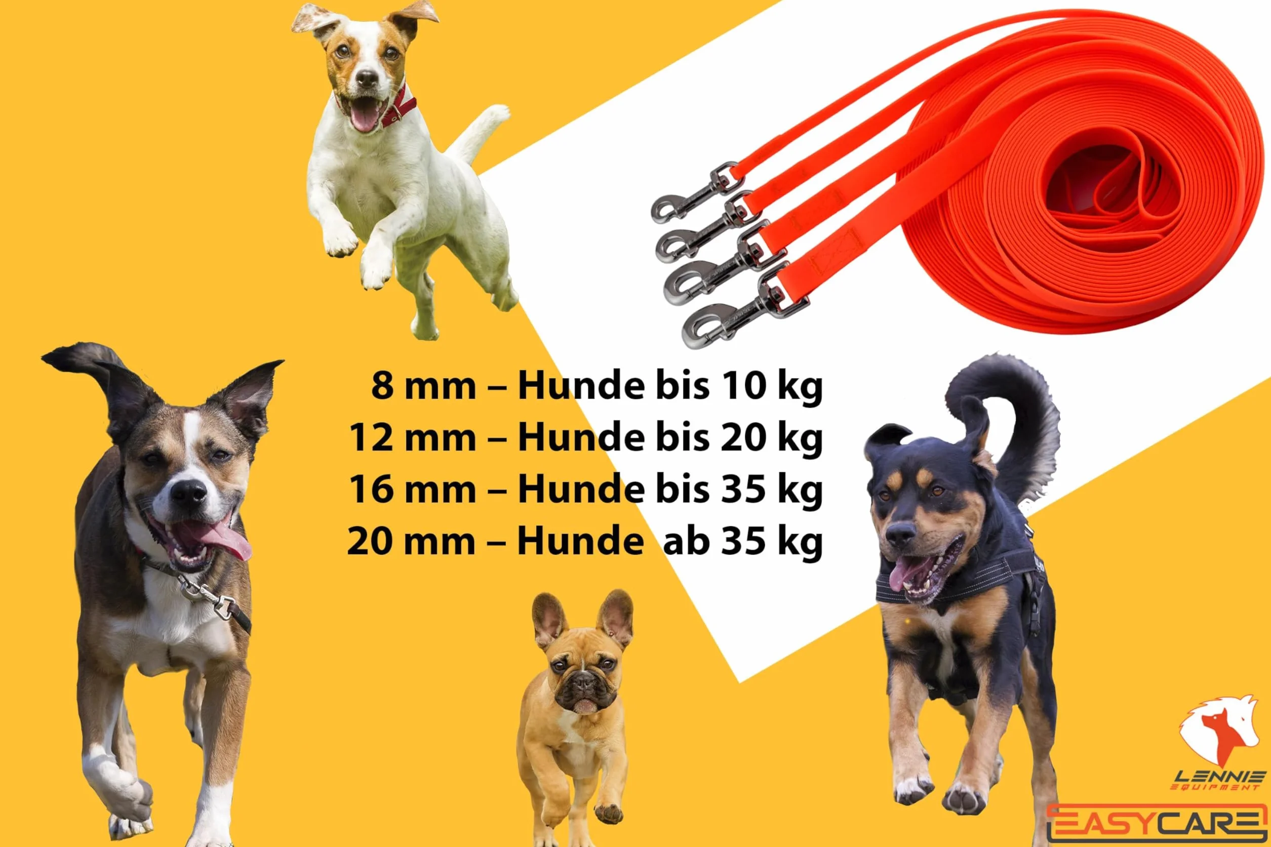 LENNIE Wodoodporna smycz treningowa dla małych i dużych psów, Made in Germany, Easycare, 5 m, 8 m, 10 m, 15 m, smycz dla psa z paskiem na rękę, lekka, wytrzymała [neonowa pomarańcza, 8 mm (do 10 kg