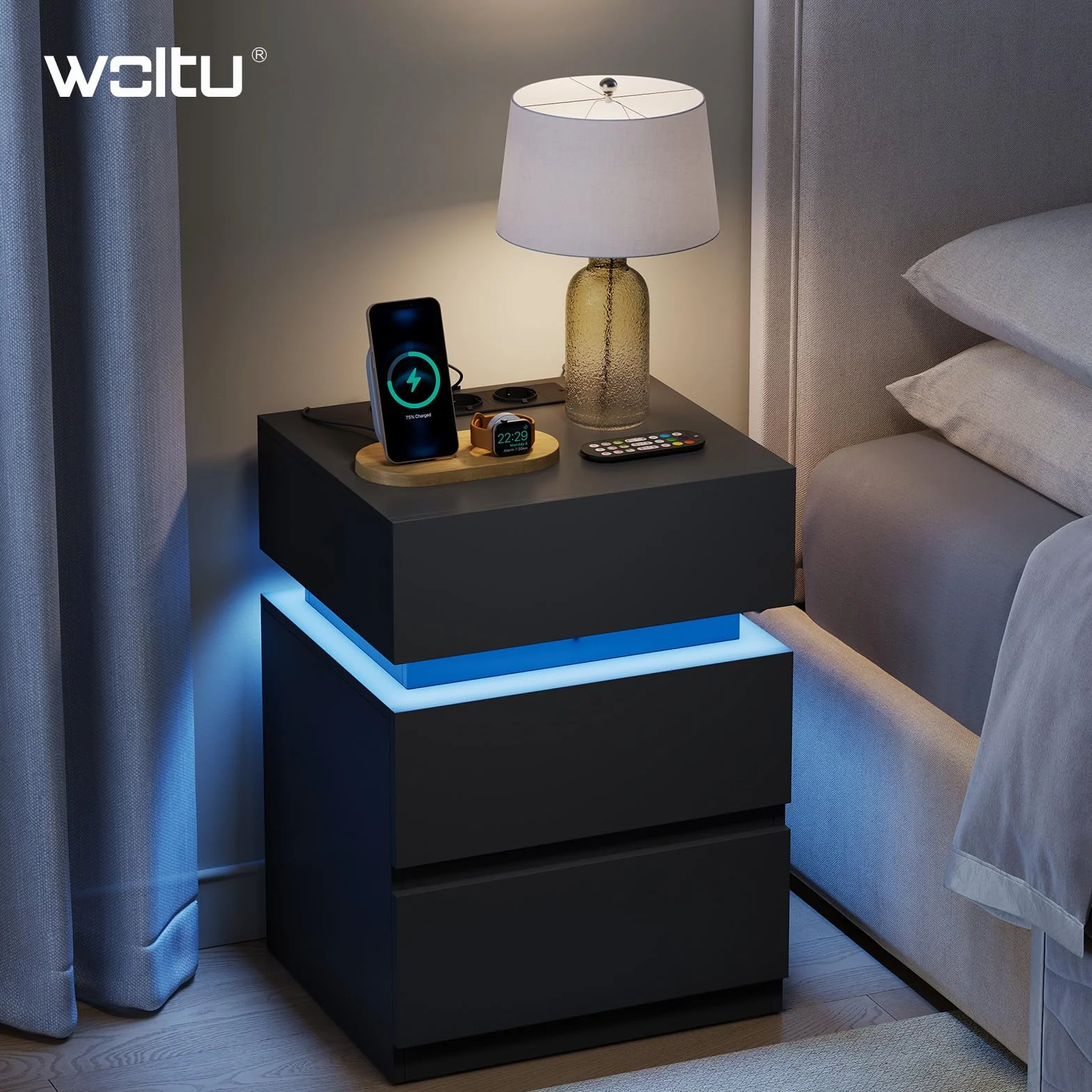 WOLTU Stolik nocny z funkcją ładowania, z 25 kolorowymi lampkami LED, 2 szuflady, 1 komora, druciana półka, stolik nocny w kolorze czarnym, 40x55x35 cm,NTS23sz