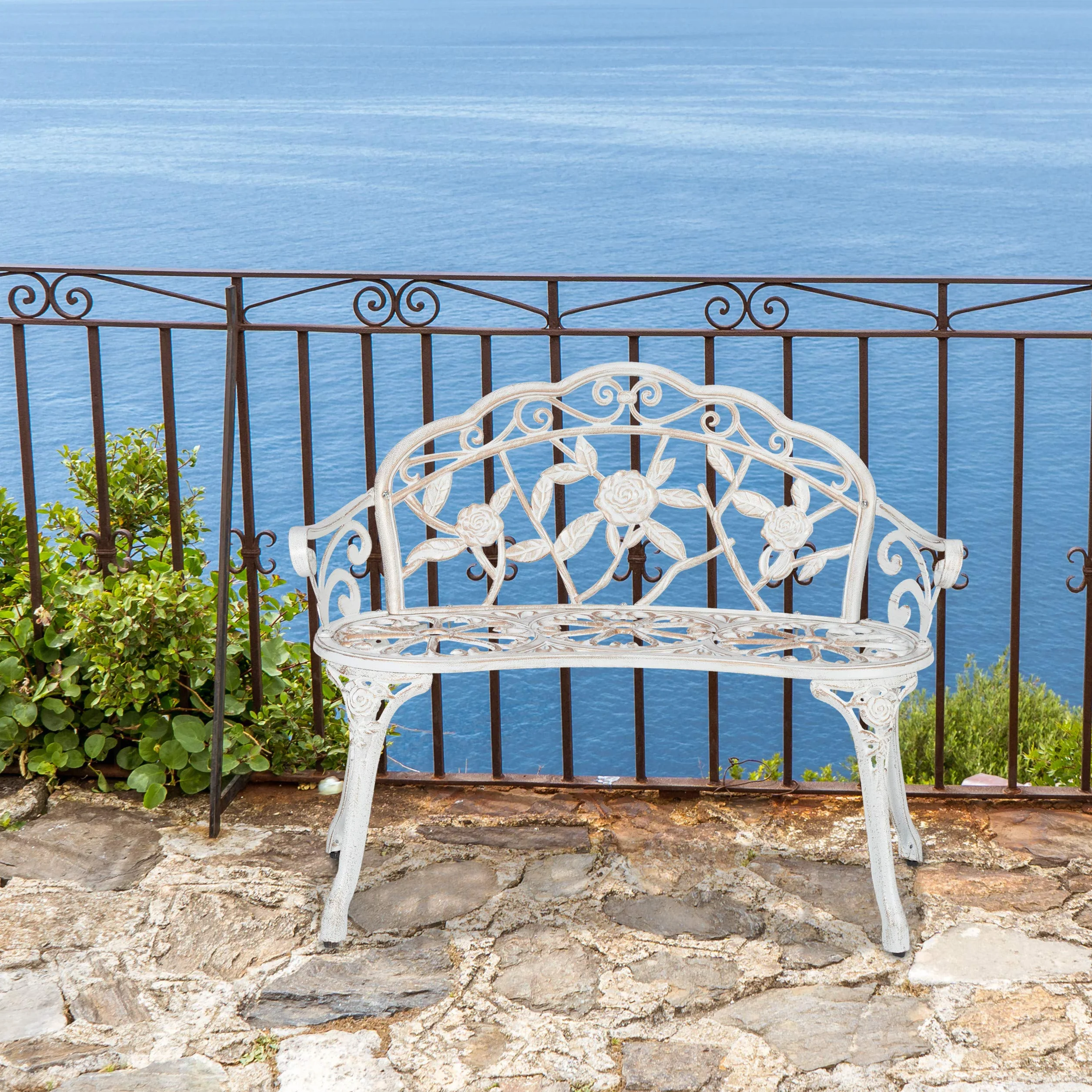 Relaxdays Ławka ogrodowa, 2-osobowa, róże, taras, balkon, aluminium i żeliwo, antyczna ławka do siedzenia, 78 x 98 x 57 cm, biały/brąz