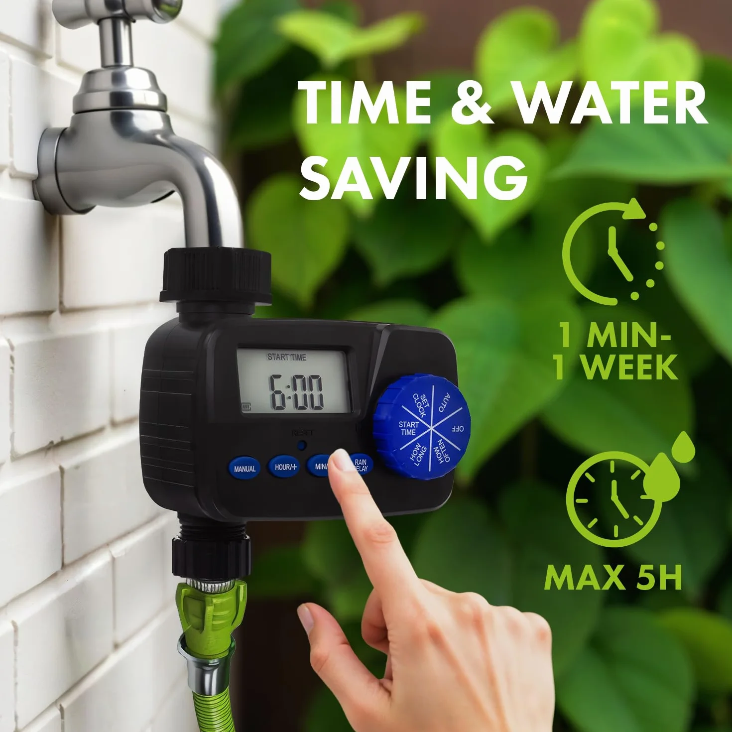 Green Blue Sterowanie nawadnianiem | Elektroniczny regulator nawadniania z ochroną IP55 | Automatyczny timer nawadniania ogrodu z wyświetlaczem i funkcją ręcznego uruchamiania