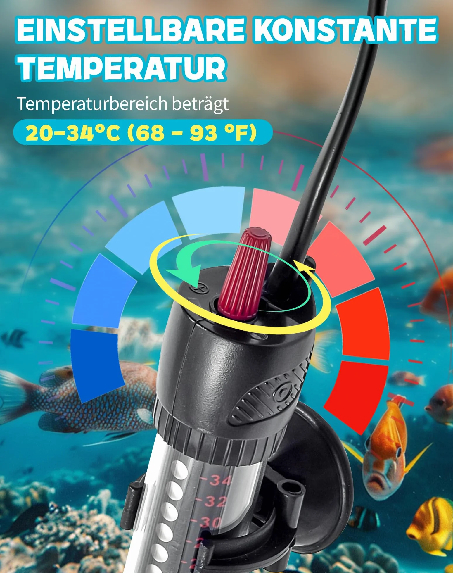 Grzejnik do akwarium, 100 W, do akwariów 60-120 l, grzałka z przyciskiem regulacji temperatury 20-34°C, pogrubione szkło kwarcowe + przyssawki