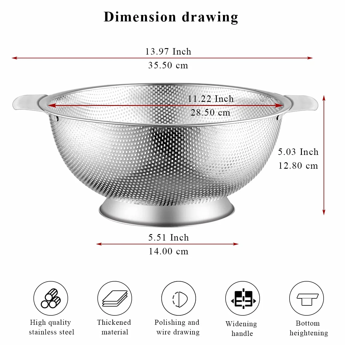 Kyraton Colander ze stali nierdzewnej 5 Quart, profesjonalne sito z ciężkimi uchwytami i samosuszającą solidną podstawą pierścieniową do makaronów, spaghetti, jagody, warzyw, owoców, makaronów, sałatek