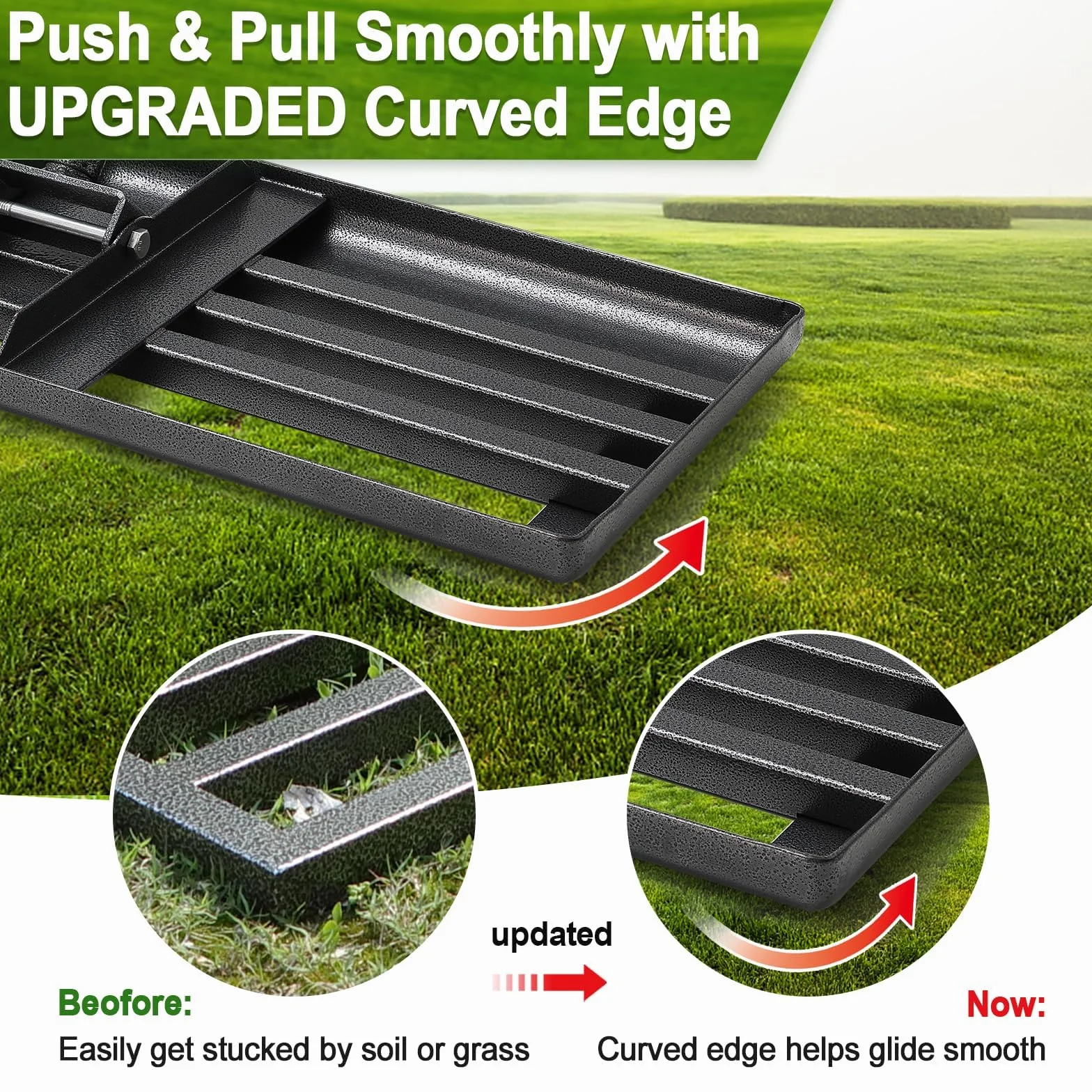 Rakla Lawn Leveling Rake z długim uchwytem – 182 cm, do golfa trawy, survivalowa, górny dressing, ze stali nierdzewnej, do ogrodu, na podwórko, trawnik (76 x 25 cm)