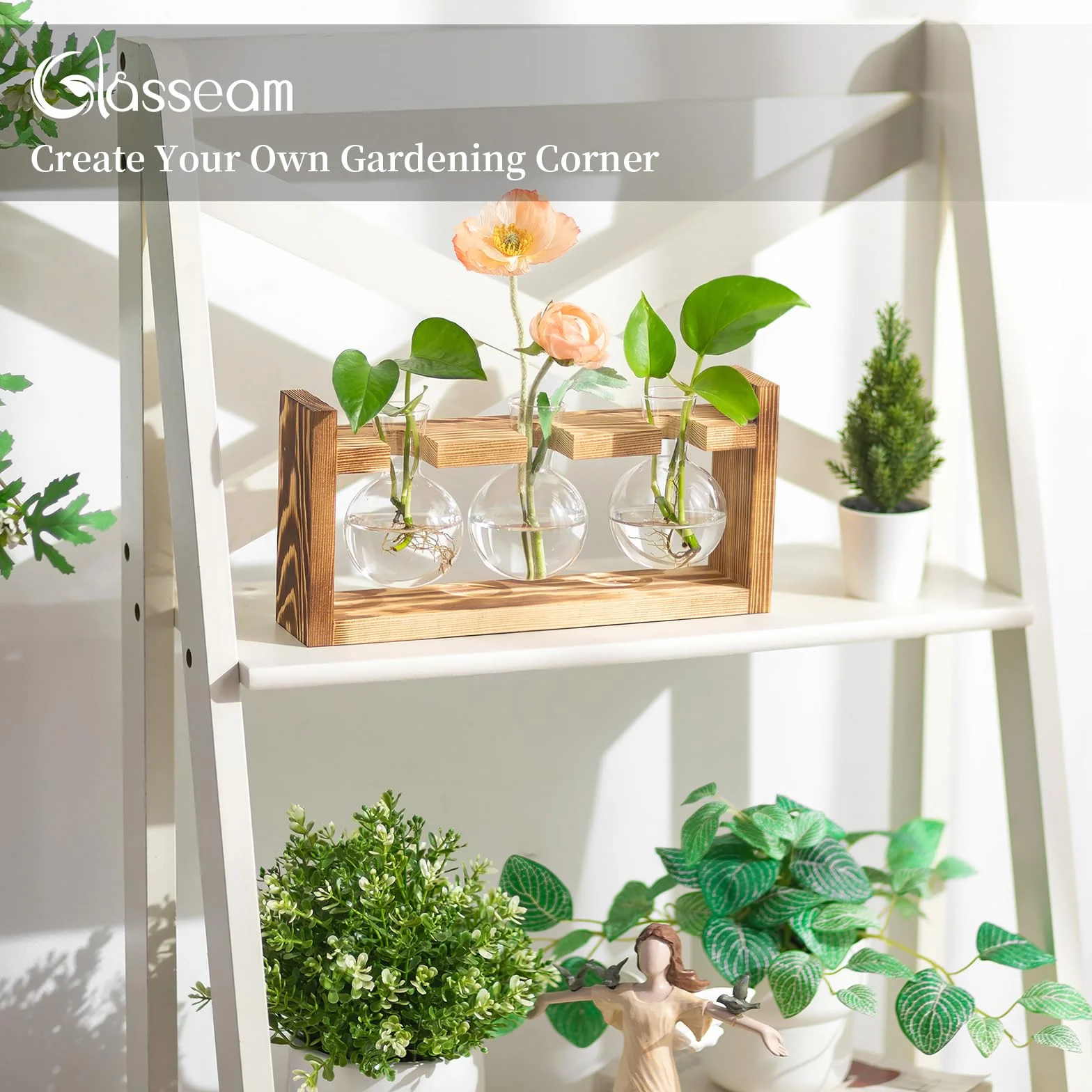Glasseam Wazon na kwiaty w stylu vintage, małe wazony do dekoracji stołu, nowoczesne, szklane, probówki na kwiaty, ze stojakiem, drewniana stacja propagująca, do salonu, na zewnątrz, chrzest, urodziny | Słoik terrarium, do ziół, cięcia, na biurko, salon,